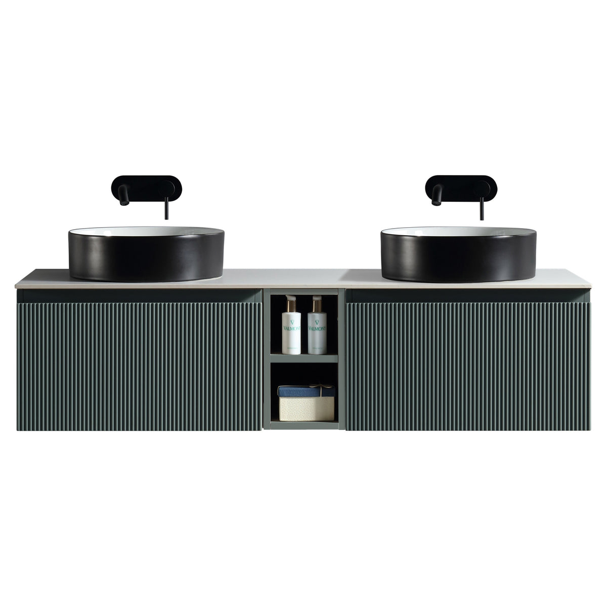 Tailored Flauto 2 Drawer Double Wall Hung Vanity Unit With Side Storage And Sintered Stone Countertop - 1410mm Wide, Smoked Sage - view 6