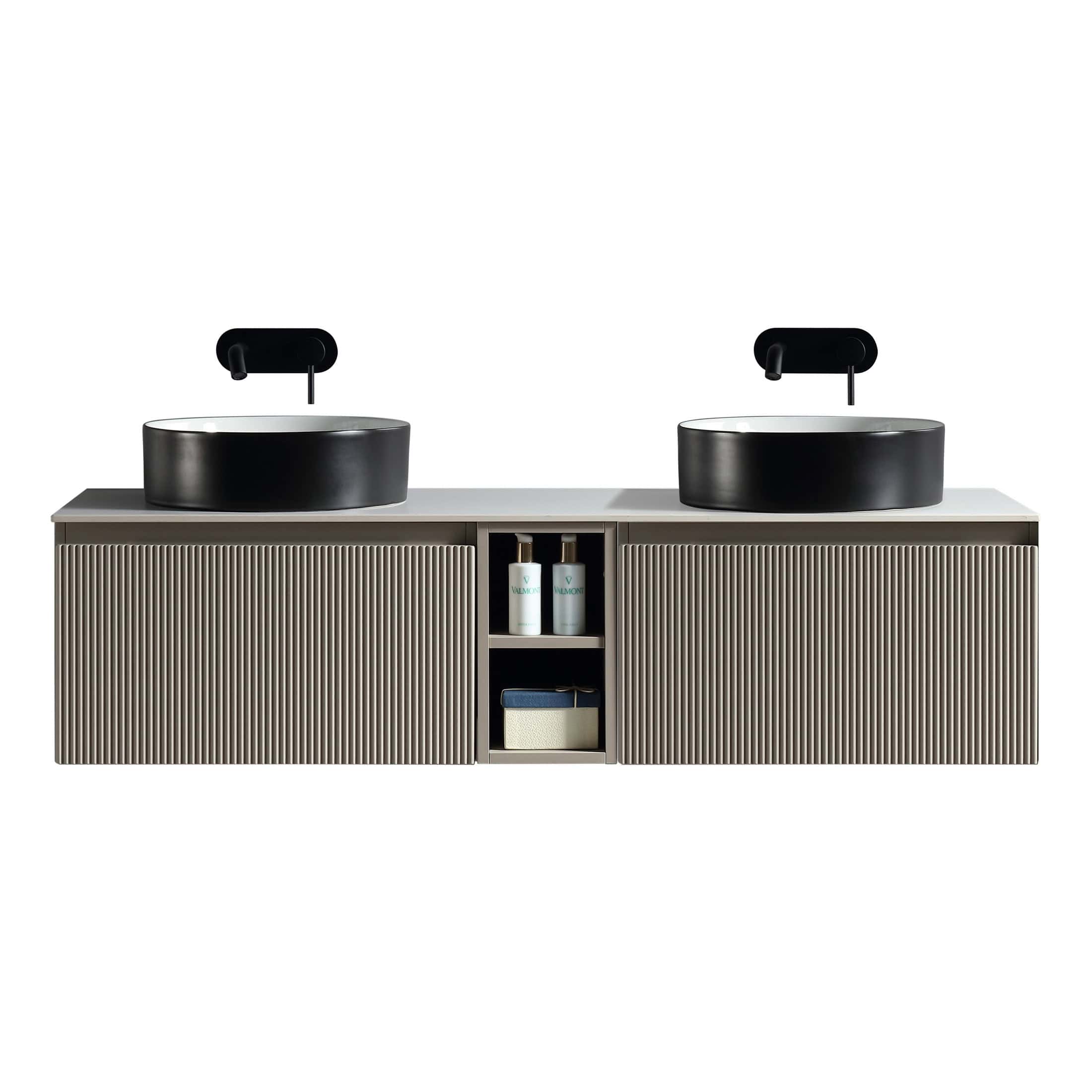 Sleek modern bathroom vanity with dual black vessel sinks, minimalist design, and textured wood finish, perfect for contemporary bathroom interiors, with storage compartments for bathroom essentials.