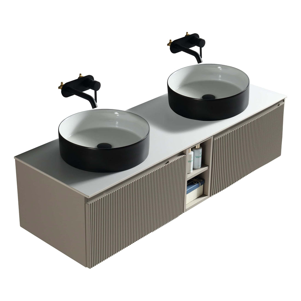 Double modern bathroom vanity with two black vessel sinks and black wall-mounted faucets, beige slatted cabinet with open shelves, bathroom storage and contemporary design elements, high-quality bathroom fixtures, stylish and functional, ideal for luxury bathrooms, bubly.co.uk bathroom furniture collection.