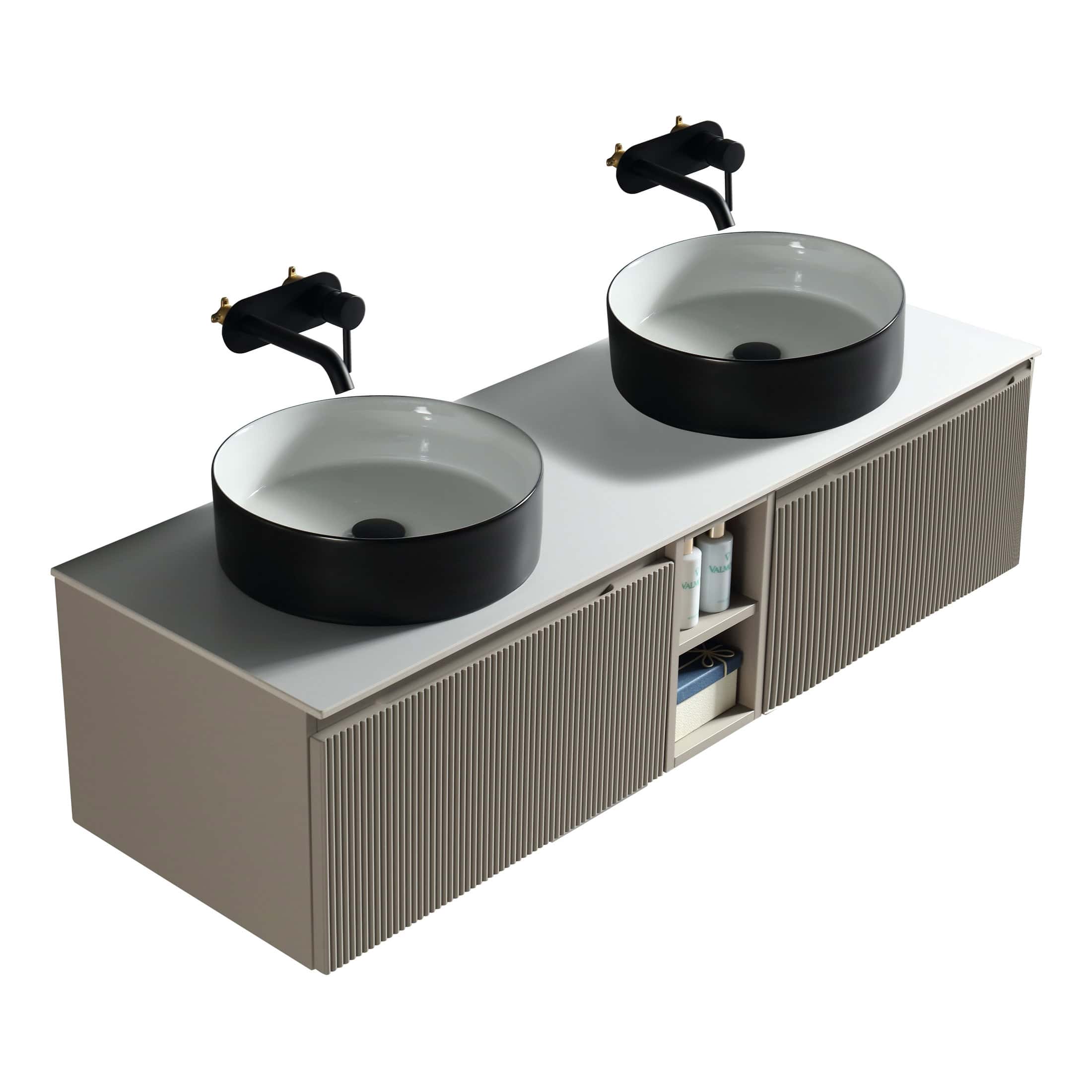 Double modern bathroom vanity with two black vessel sinks and black wall-mounted faucets, beige slatted cabinet with open shelves, bathroom storage and contemporary design elements, high-quality bathroom fixtures, stylish and functional, ideal for luxury bathrooms, bubly.co.uk bathroom furniture collection.