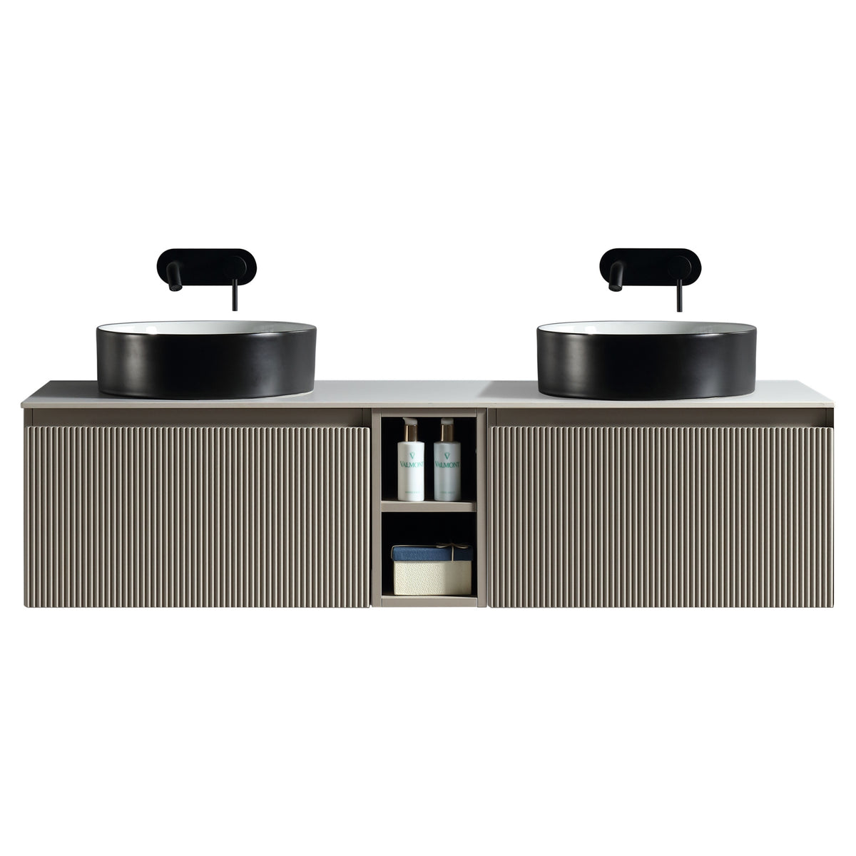 Tailored Flauto 2 Drawer Double Wall Hung Vanity Unit With Side Storage And Sintered Stone Countertop - 1410mm Wide - Soft Coffee - view 1