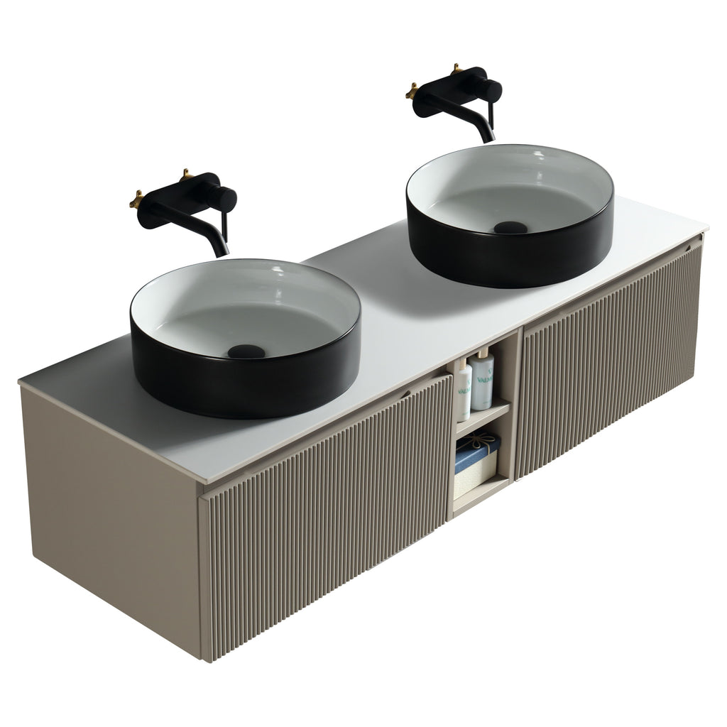 Tailored Flauto 2 Drawer Double Wall Hung Vanity Unit With Side Storage And Sintered Stone Countertop - 1410mm Wide - Soft Coffee - view 3