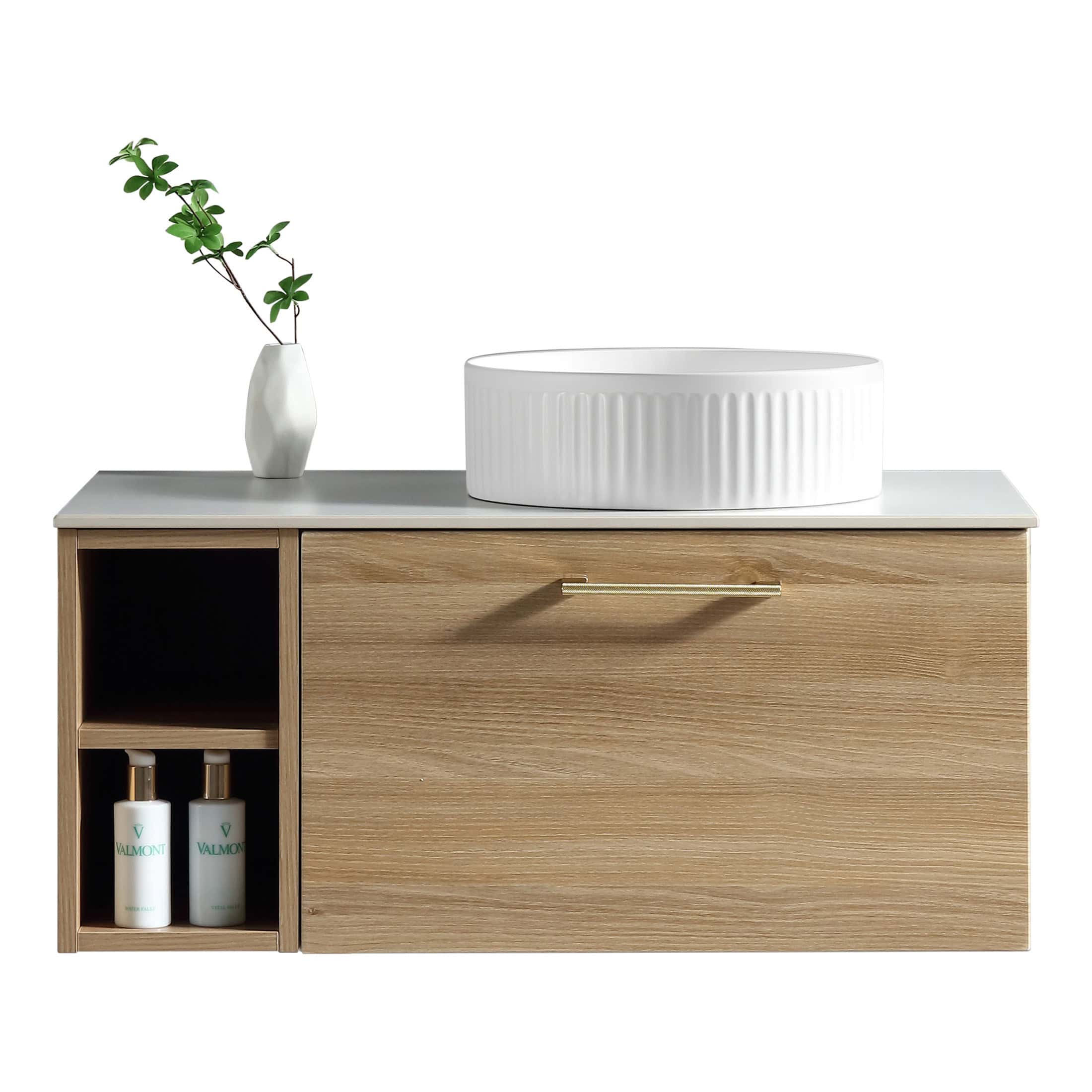 Sleek wooden bathroom vanity with a modern white vessel basin and minimalist decor, emphasising contemporary bathroom design and accessories. Perfect for stylish bathroom renovation.