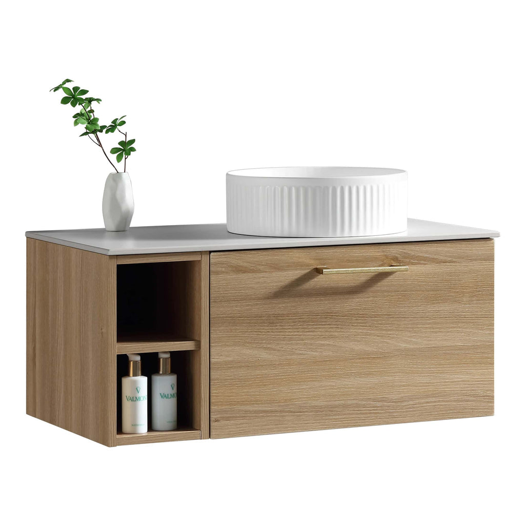 Modern wooden bathroom vanity with a white ceramic basin and minimalist design, featuring open shelving for toiletries and a sleek handle for easy storage access.