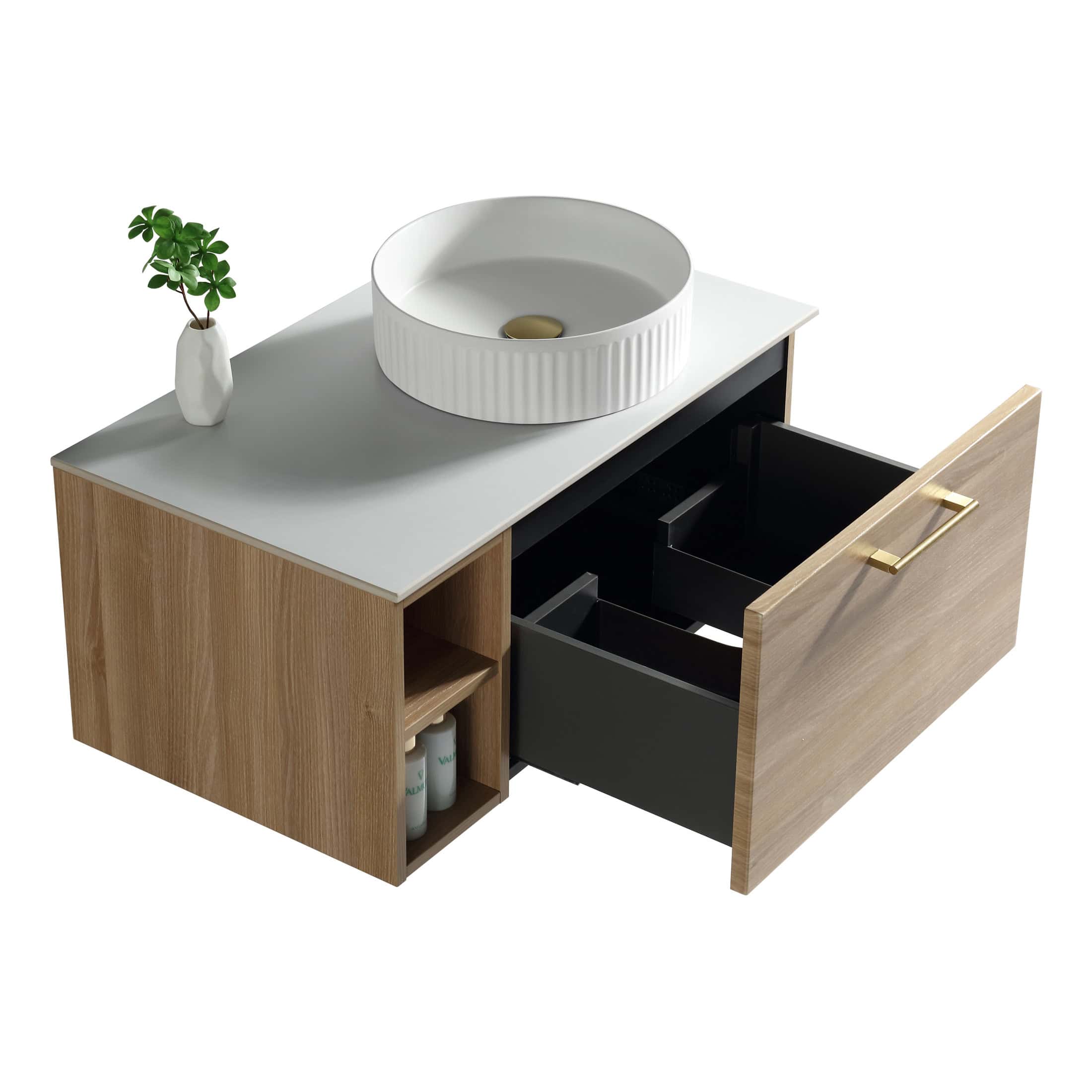 Sleek modern bathroom vanity with a wooden finish, open storage, and a spacious drawer, topped with a stylish white ceramic sink and minimalist decor. Perfect for contemporary bathroom designs.