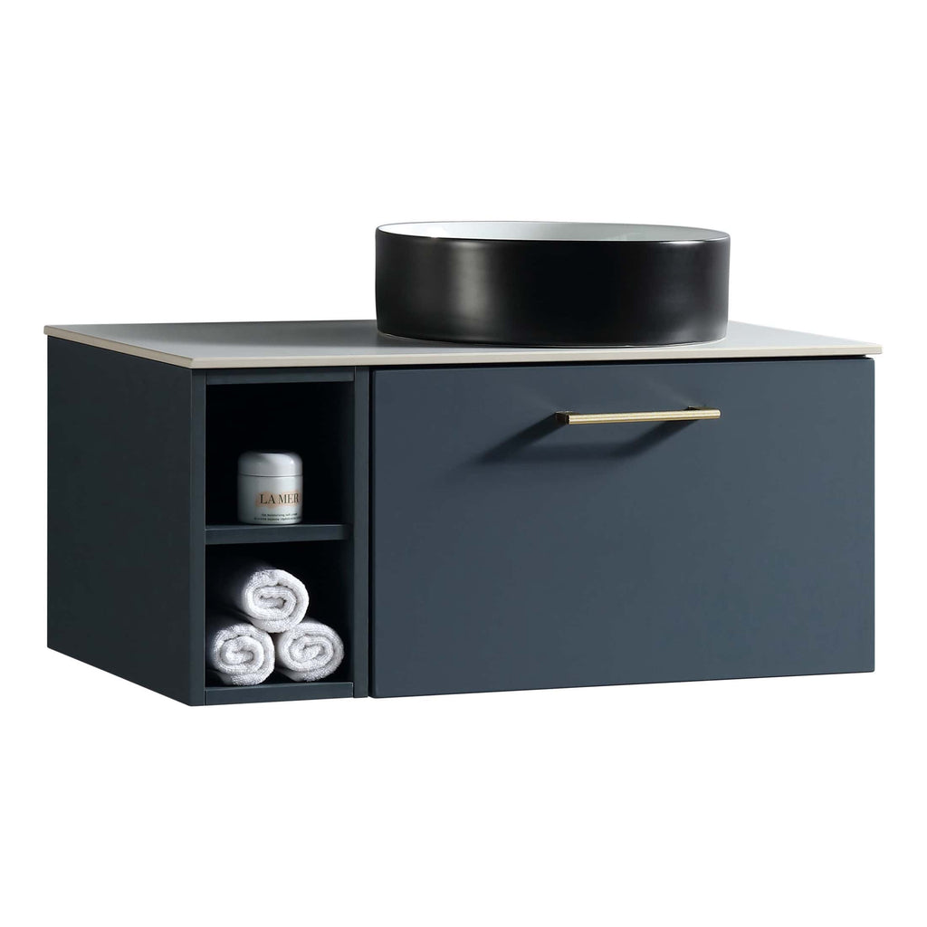 Sleek modern bathroom vanity with navy blue finish, open shelving with rolled towels, and a stylish black countertop basin. Perfect for contemporary bathroom design and storage solutions.