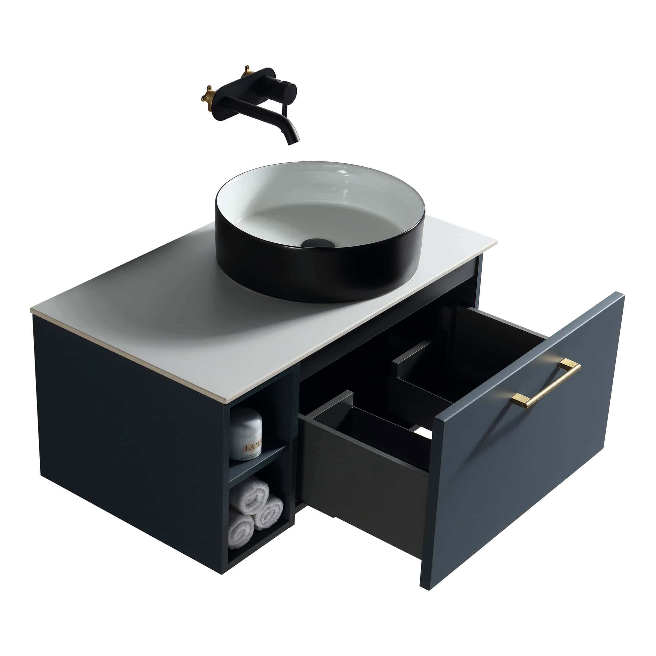 Black vessel sink with gold accents, modern bathroom vanity with open storage and drawer, contemporary bathroom furniture, sleek black and white bathroom sink unit, Premium bathroom vanity design for stylish bathrooms.