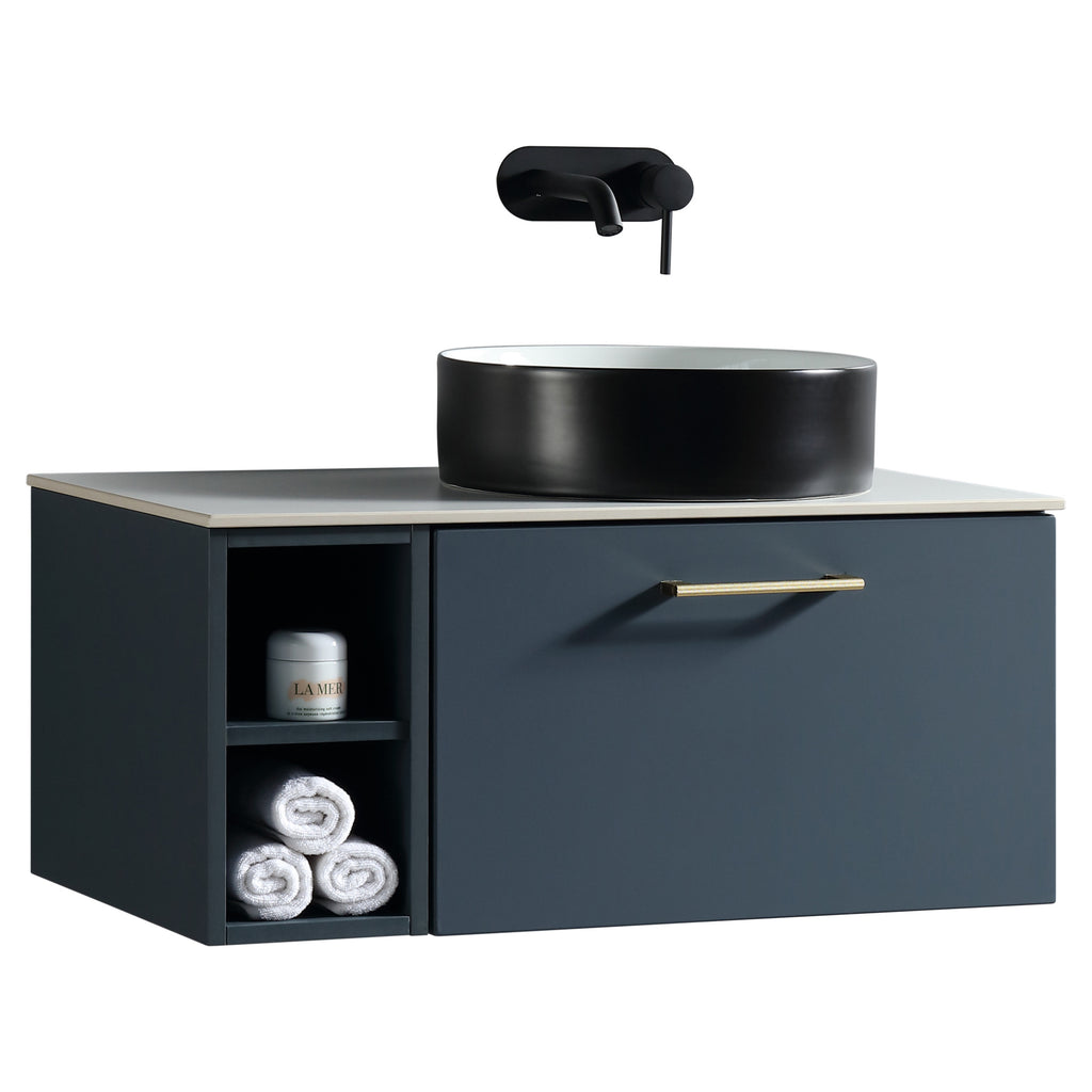 Tailored Piatta 1 Drawer Wall Hung Vanity Unit With Side Storage And Sintered Stone Countertop - 810mm Wide - view 1