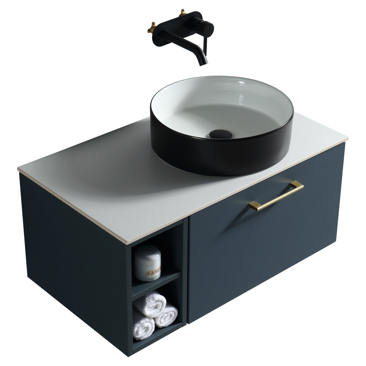 Tailored Piatta 1 Drawer Wall Hung Vanity Unit With Side Storage And Sintered Stone Countertop - 810mm Wide - view 4