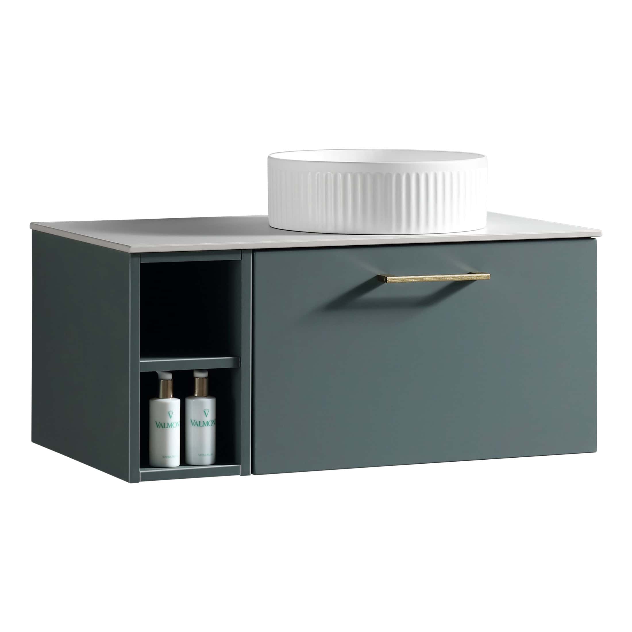 Sleek modern bathroom vanity unit with a grey finish, open shelves for toiletries, a large central drawer with a gold handle, and a stylish white vessel sink on top, perfect for contemporary bathroom design.