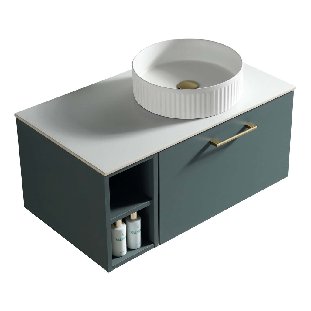 Sleek modern bathroom vanity unit with a stylish countertop basin, minimalist design, and functional storage space, perfect for contemporary bathrooms.
