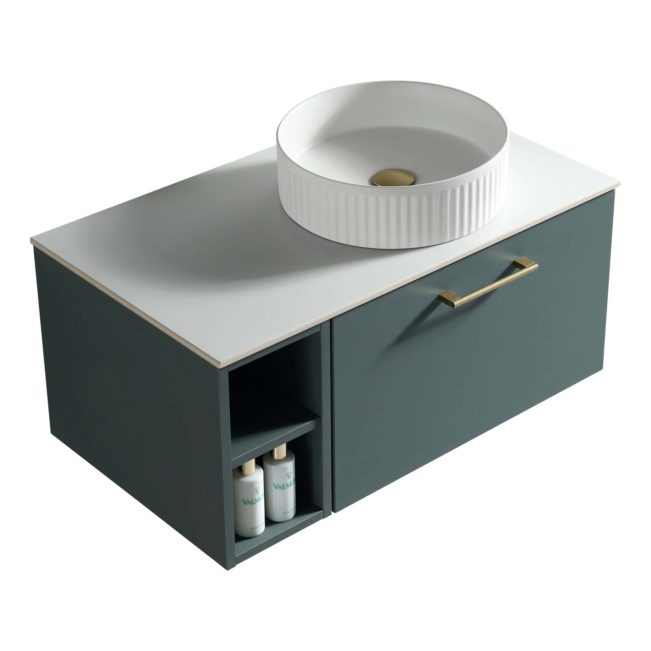 Sleek modern bathroom vanity unit with a stylish countertop basin, minimalist design, and functional storage space, perfect for contemporary bathrooms.
