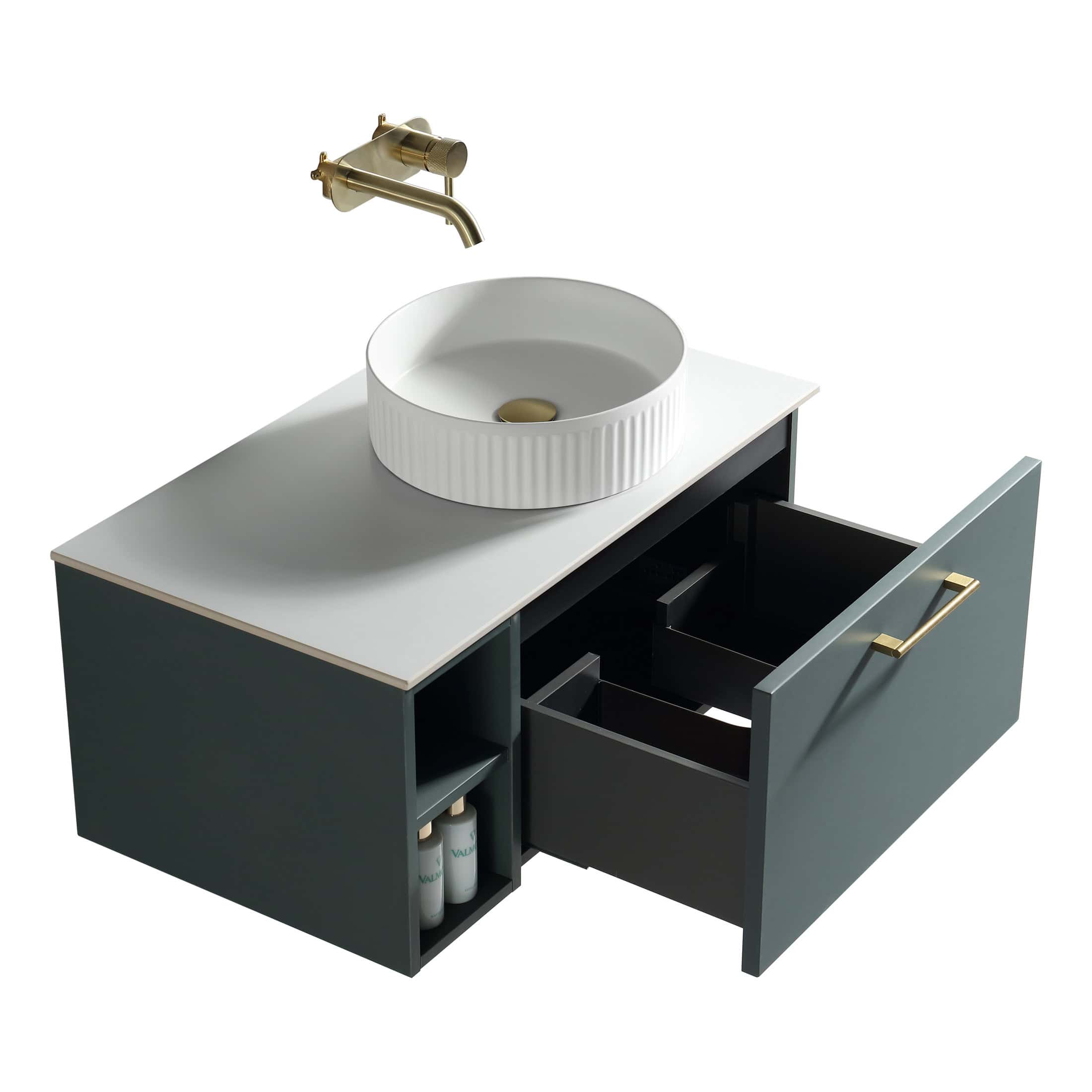 Chrome bathroom vanity with a round white ceramic basin and brass fixtures, modern and stylish design from Bubly Bathrooms. Perfect for contemporary bathroom interiors.