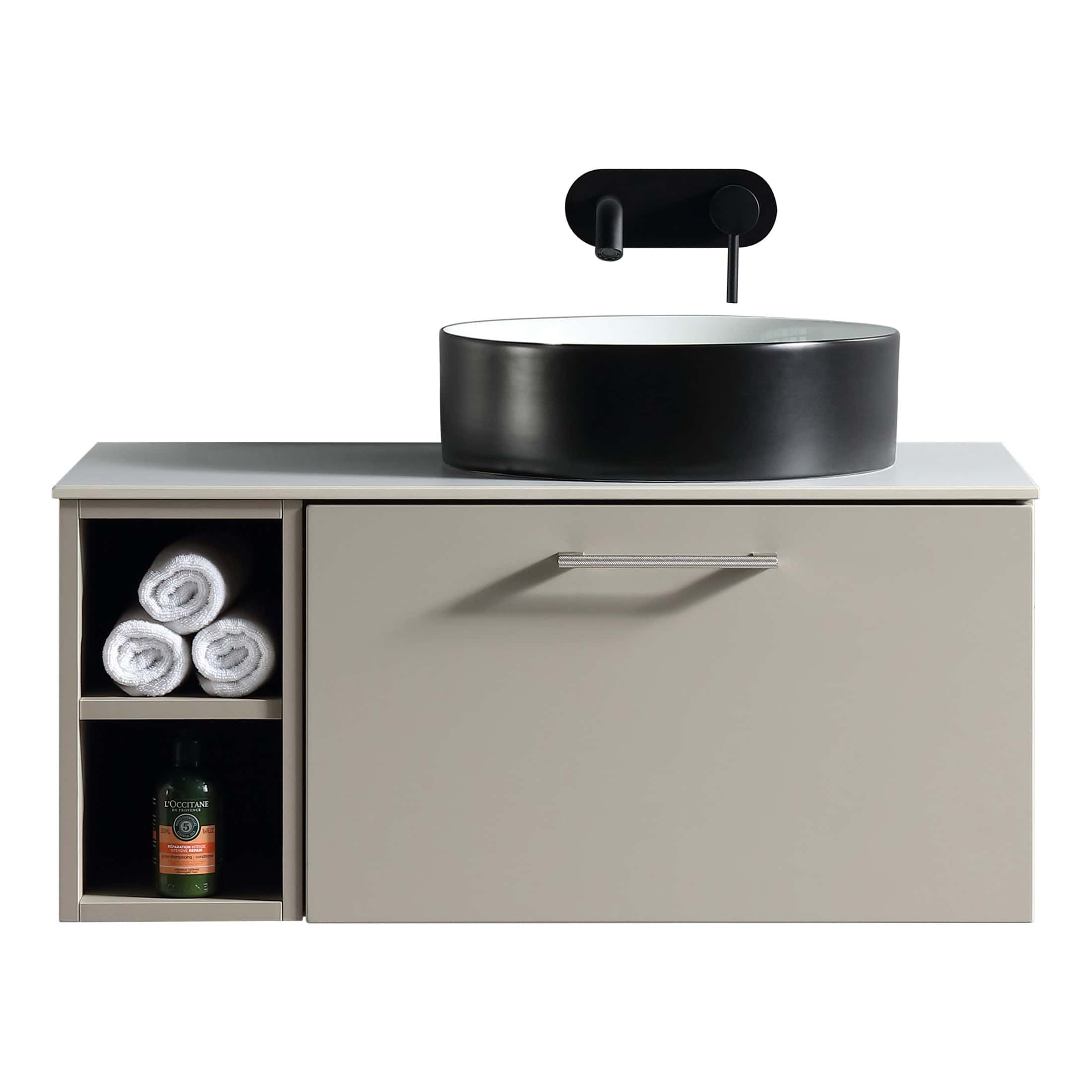 Sleek bathroom vanity with a modern black oval sink, wall-mounted black faucet, and storage cupboard with towels and toiletries, designed for contemporary bathroom interiors.