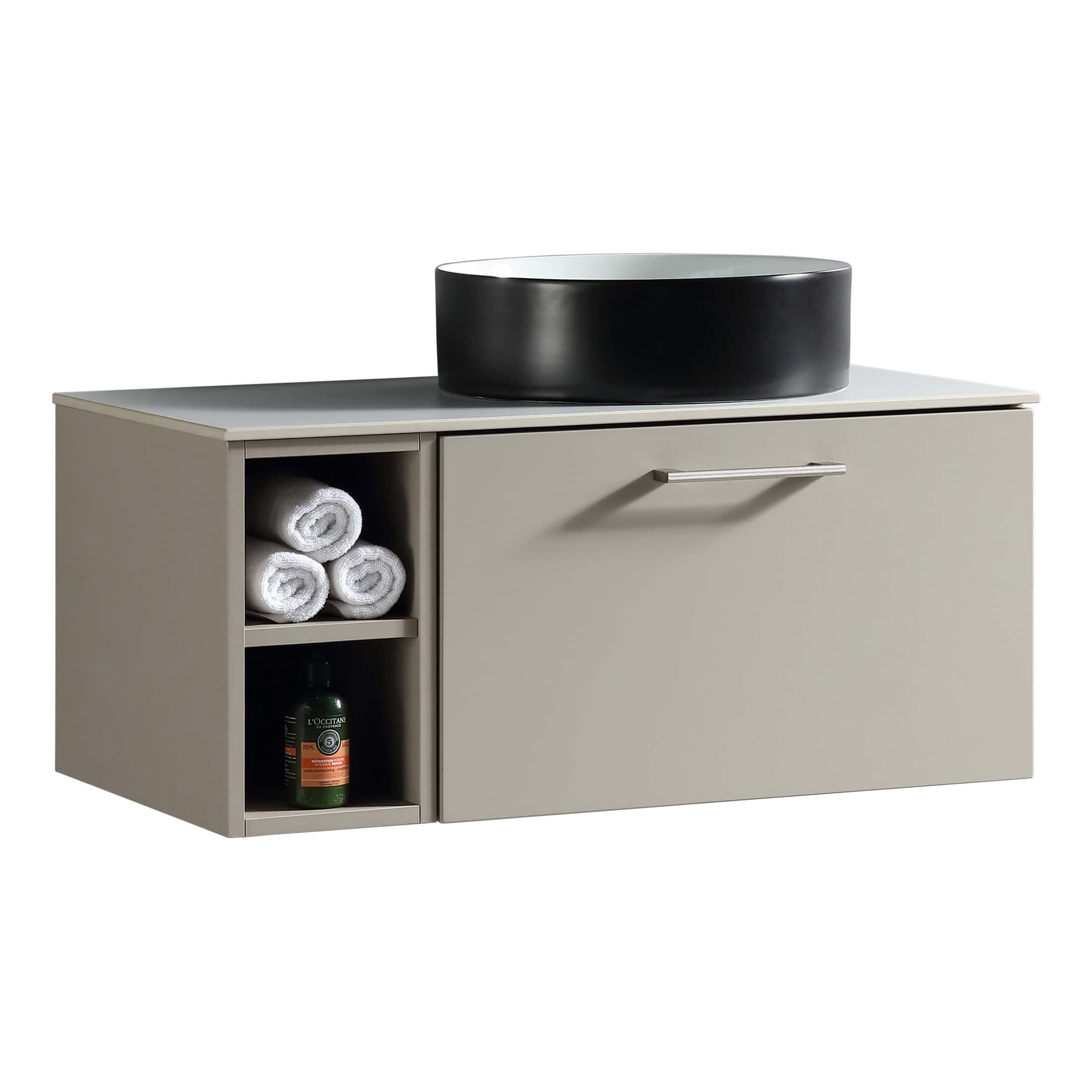 Elegant beige bathroom vanity with open shelf for towels and storage space, topped with a modern black vessel sink, ideal for contemporary bathroom decor and organisation.