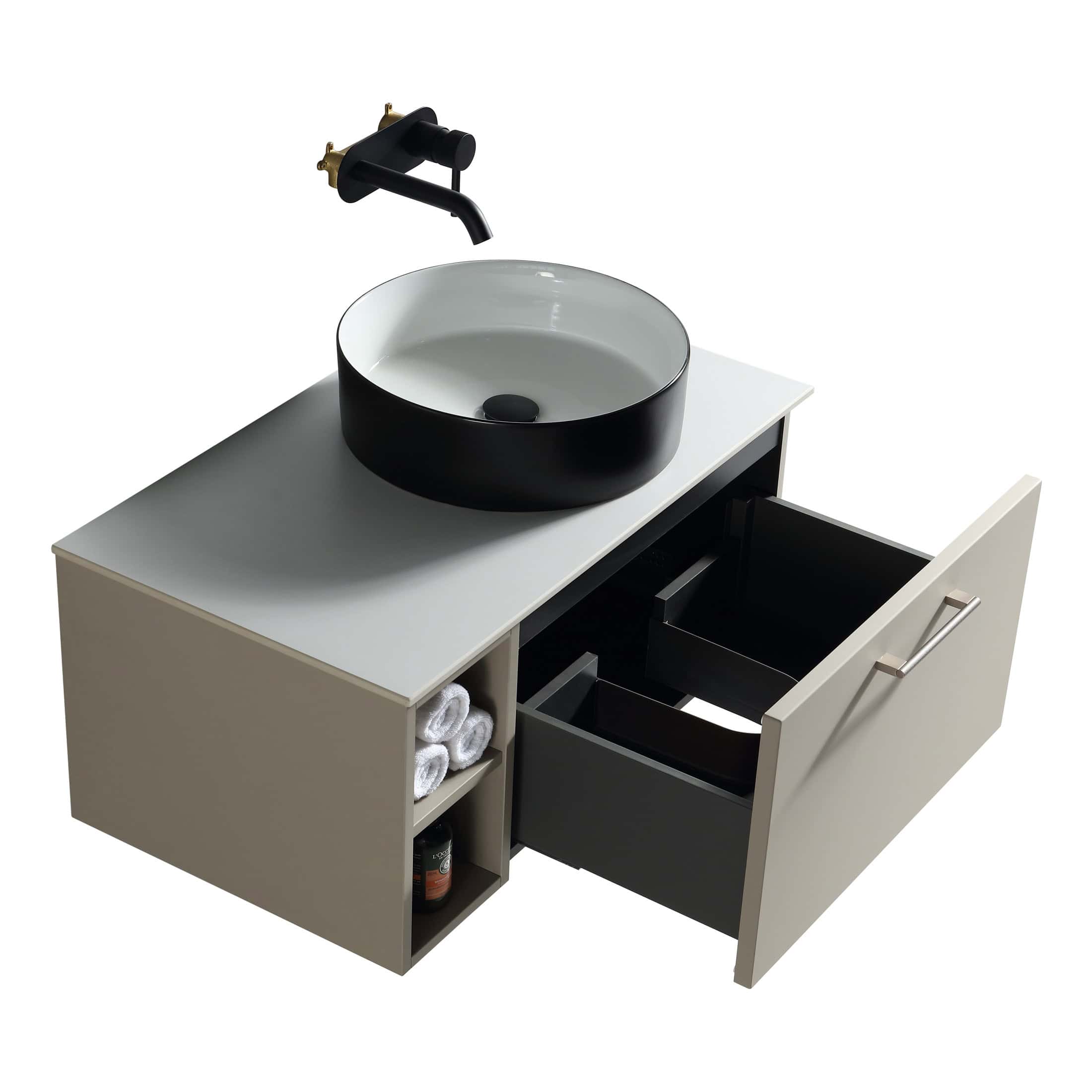 Modern bathroom vanity unit with a black and white wash basin, integrated storage, and a sleek black faucet, perfect for stylish bathroom upgrades.