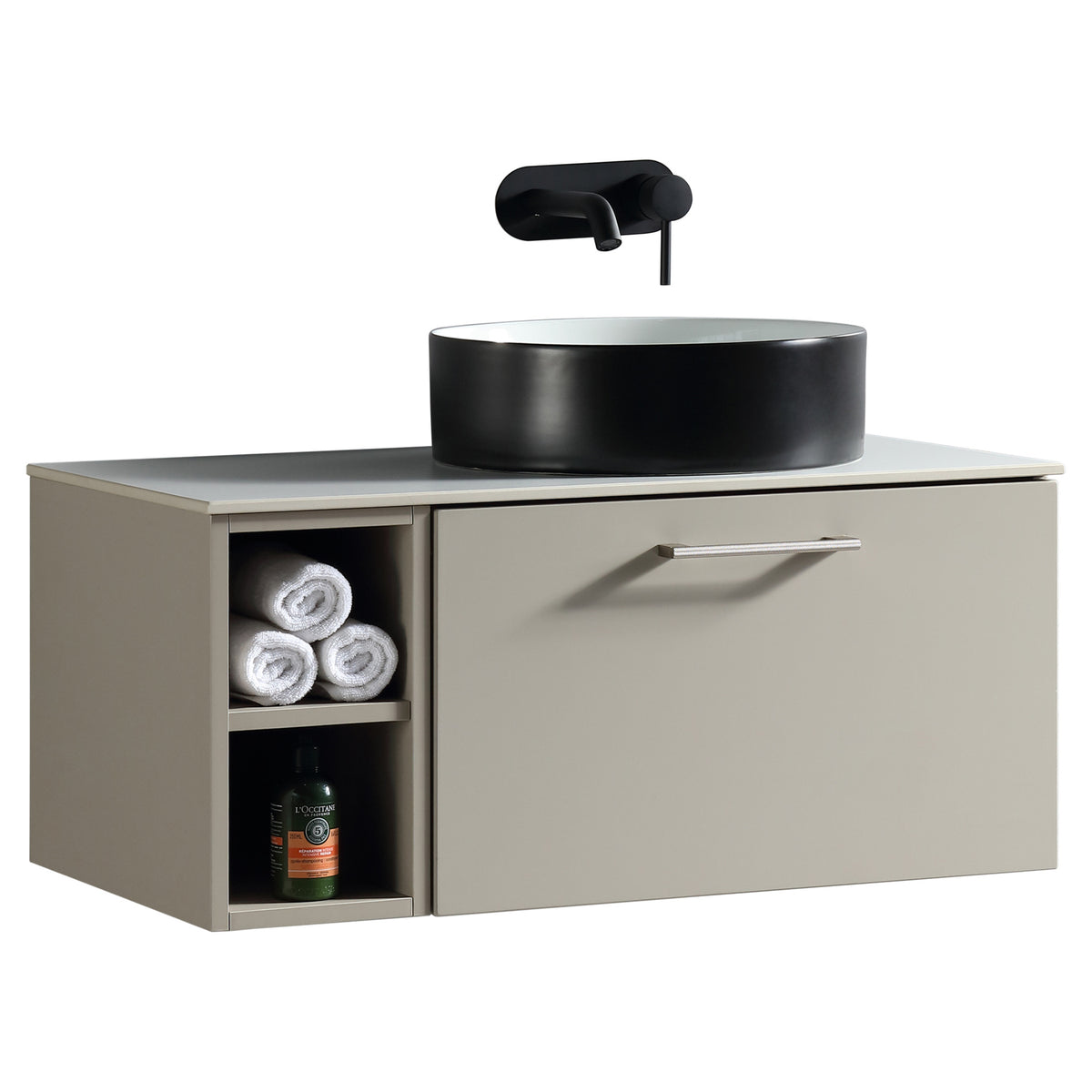 Tailored Piatta 1 Drawer Wall Hung Vanity Unit With Side Storage And Sintered Stone Countertop - 810mm Wide - view 2