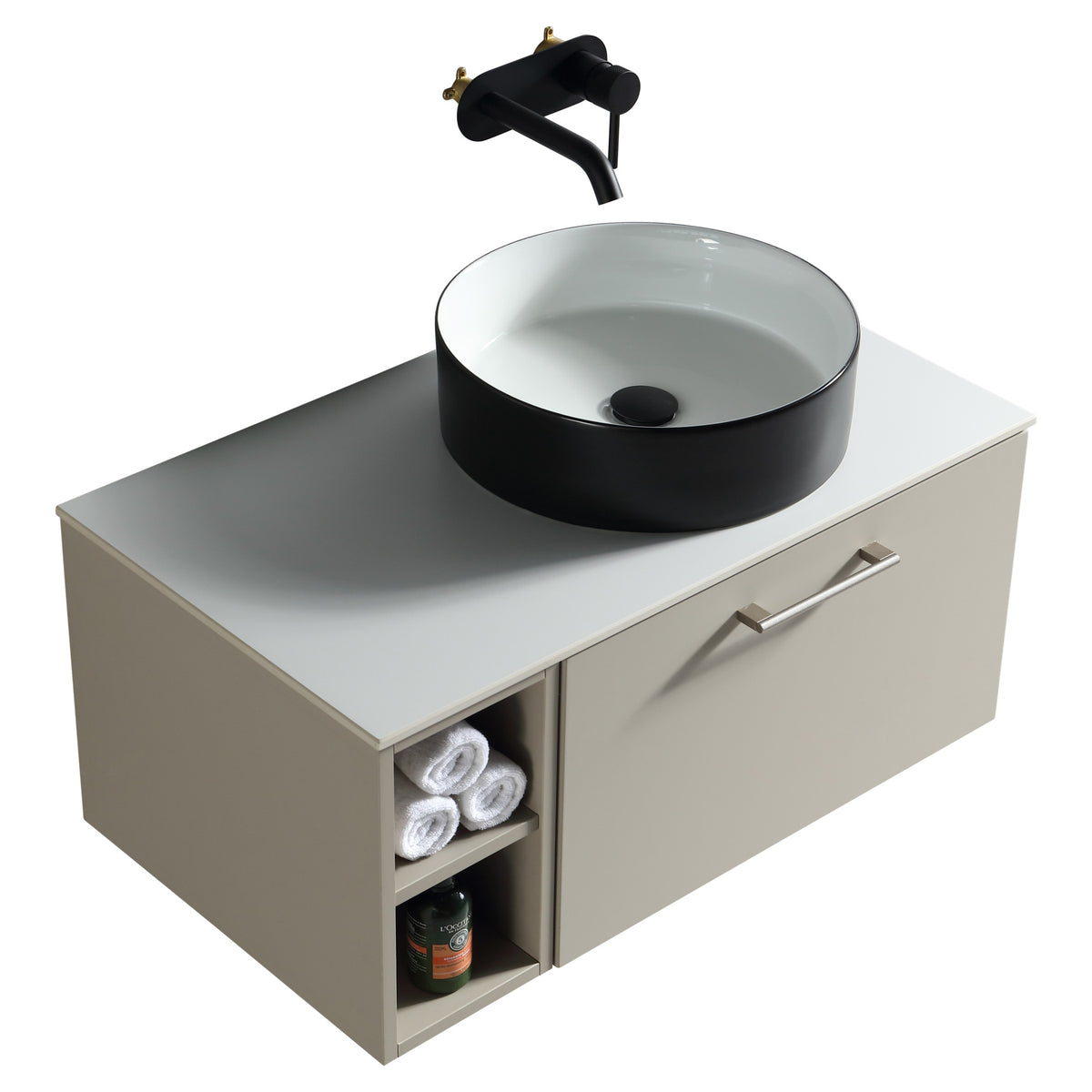Tailored Piatta 1 Drawer Wall Hung Vanity Unit With Side Storage And Sintered Stone Countertop - 810mm Wide - view 3