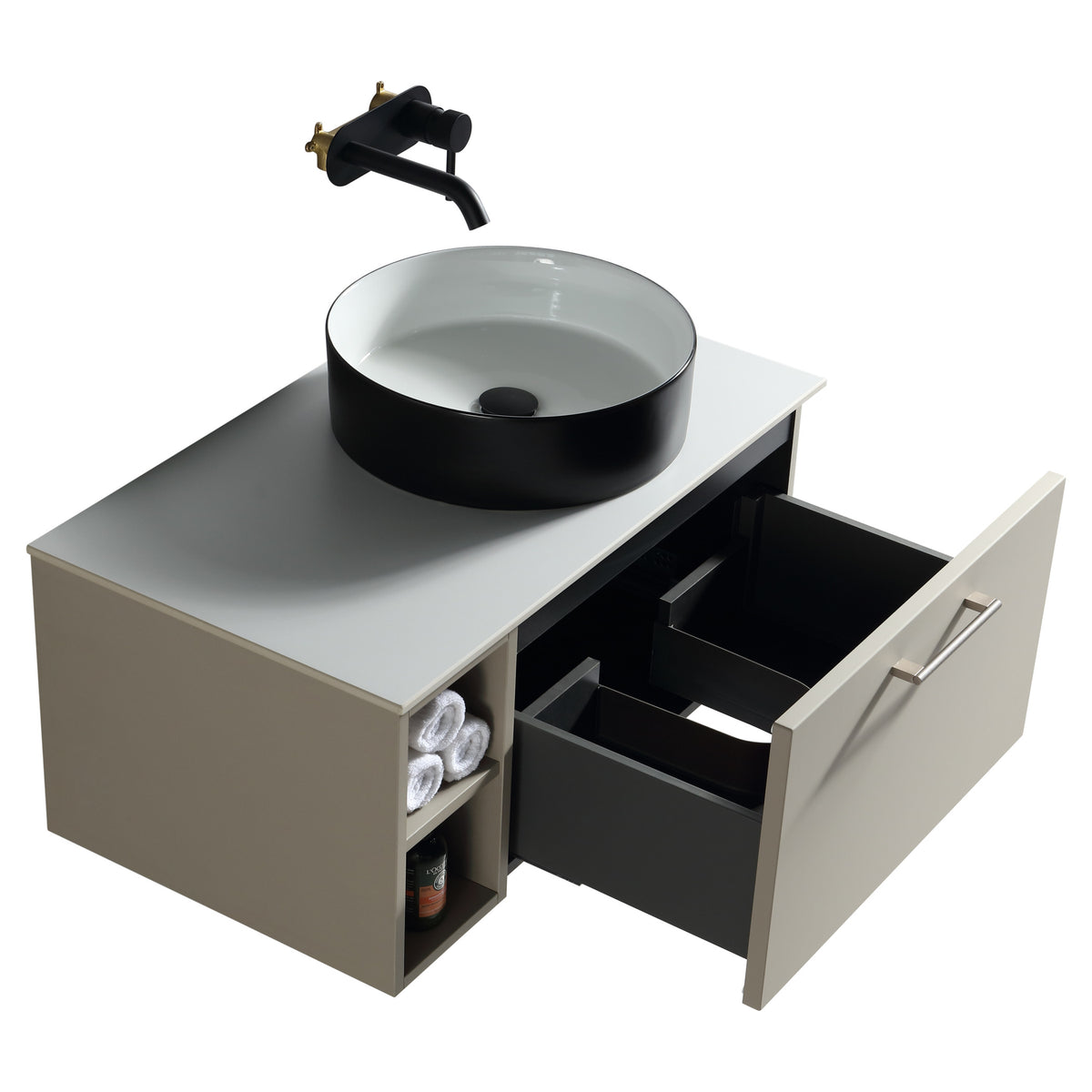 Tailored Piatta 1 Drawer Wall Hung Vanity Unit With Side Storage And Sintered Stone Countertop - 810mm Wide - view 5