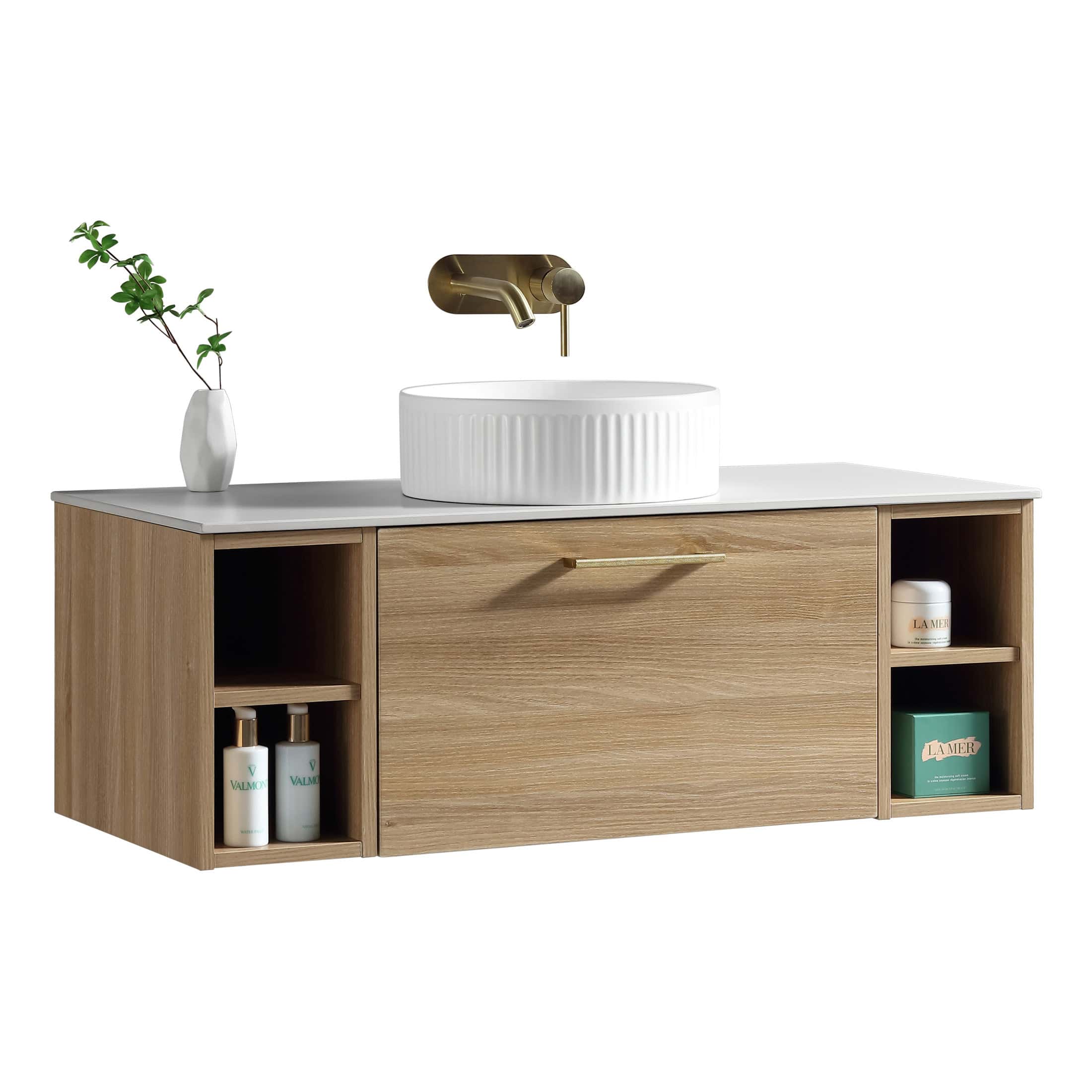 Elegant wooden bathroom vanity with a round ceramic basin, wall-mounted brass tap, and storage shelves for toiletries. Ideal for modern bathroom designs emphasizing natural materials and stylish fixtures.