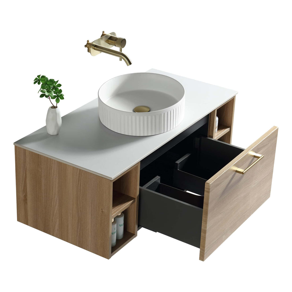 Beautiful modern bathroom vanity with a stylish white vessel sink, brass fixtures, and natural wood finish, perfect for contemporary bathroom design.