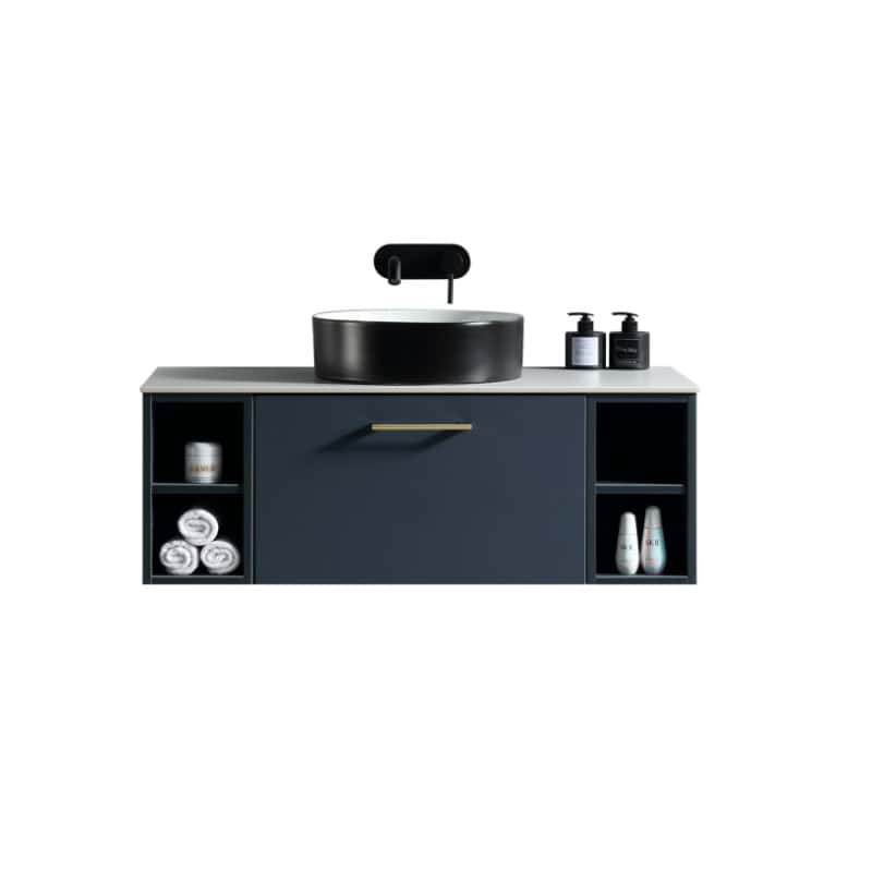 Black bathroom vanity with round vessel sink and modern fixtures in a contemporary bathroom setup.