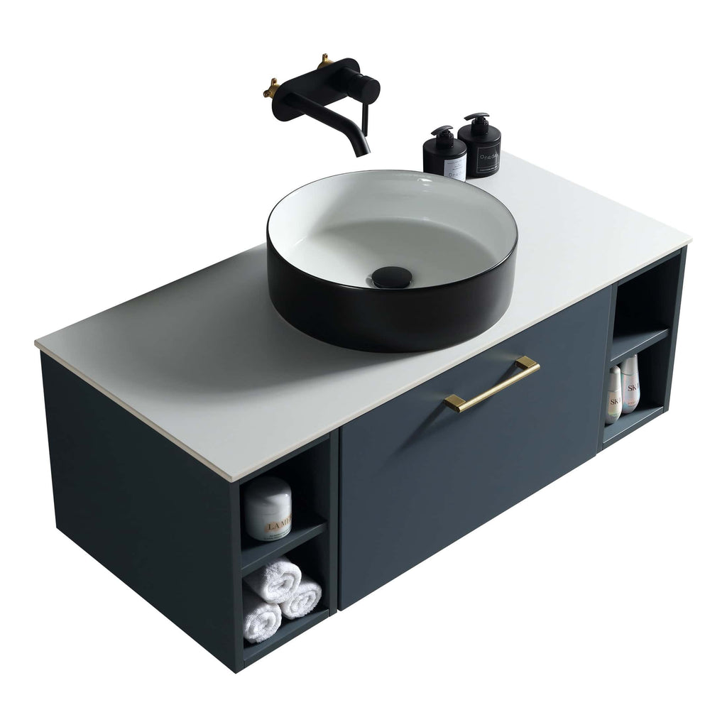 Sleek modern bathroom vanity with black and white colour scheme, featuring a round vessel sink, minimalist gold handle, and open shelving for towels and toiletries, ideal for contemporary bathroom design.