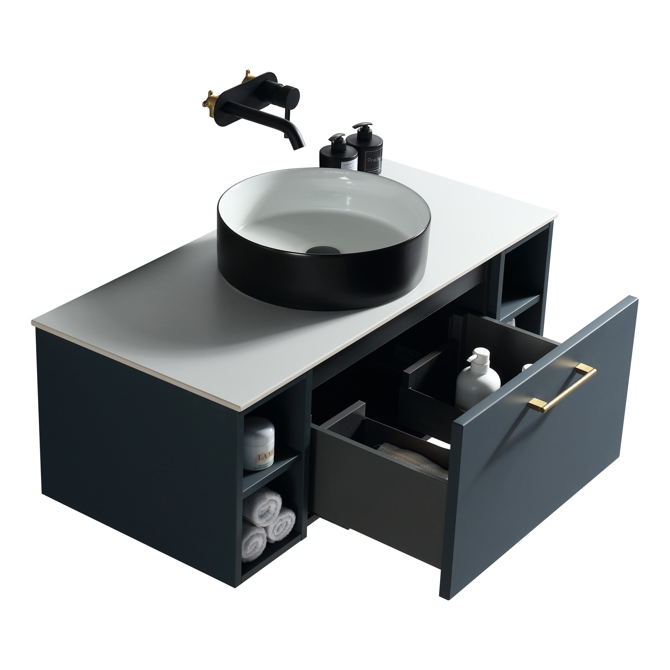 Black and white bathroom vanity with sleek black basin, gold hardware, and modern design, perfect for contemporary bathrooms. Includes storage drawers and open shelving for towels and toiletries.