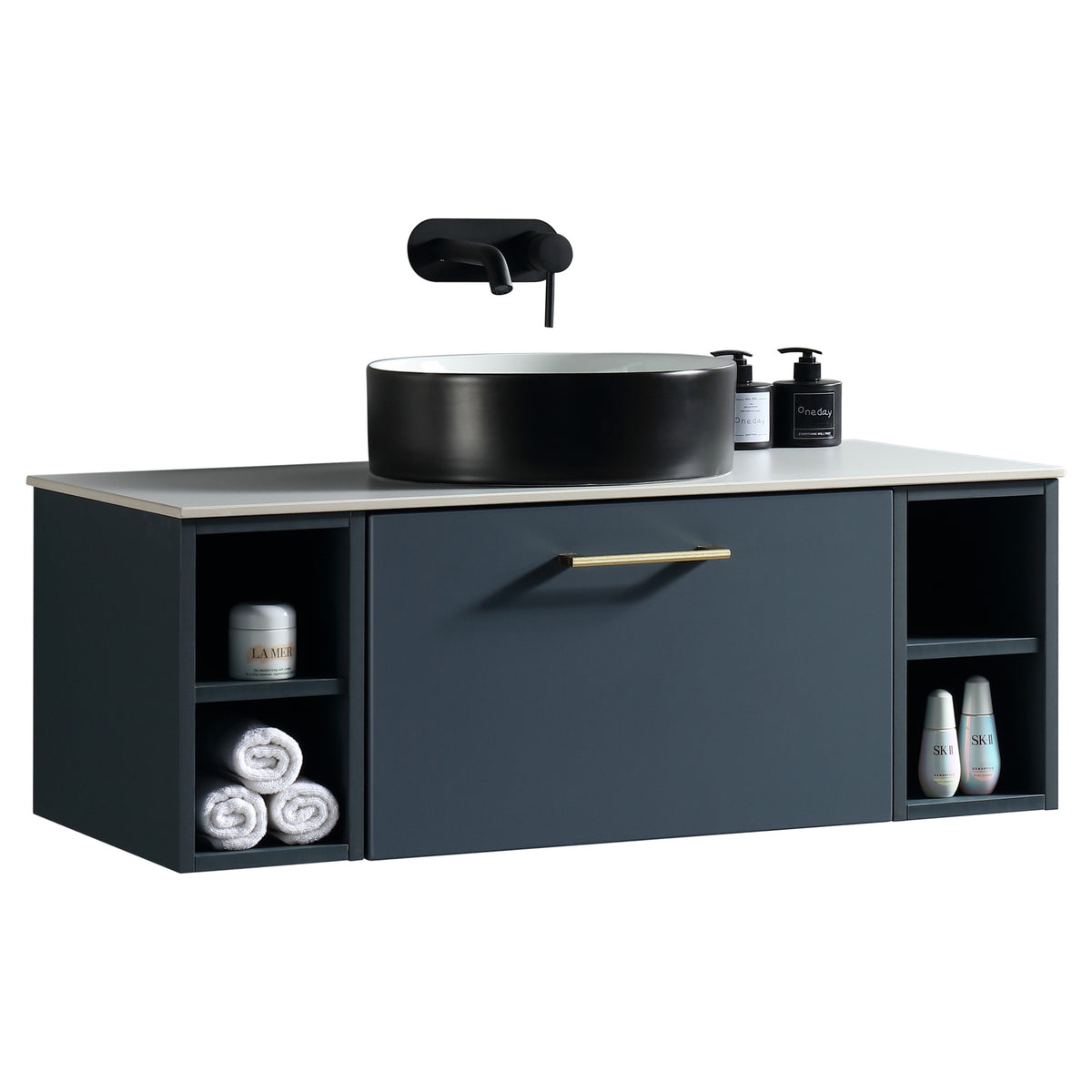Tailored Piatta 1 Drawer Wall Hung Vanity With 2 Side Storage And Sintered Stone Counter Top - 1010mm Wide - Midnight Shadow - view 1