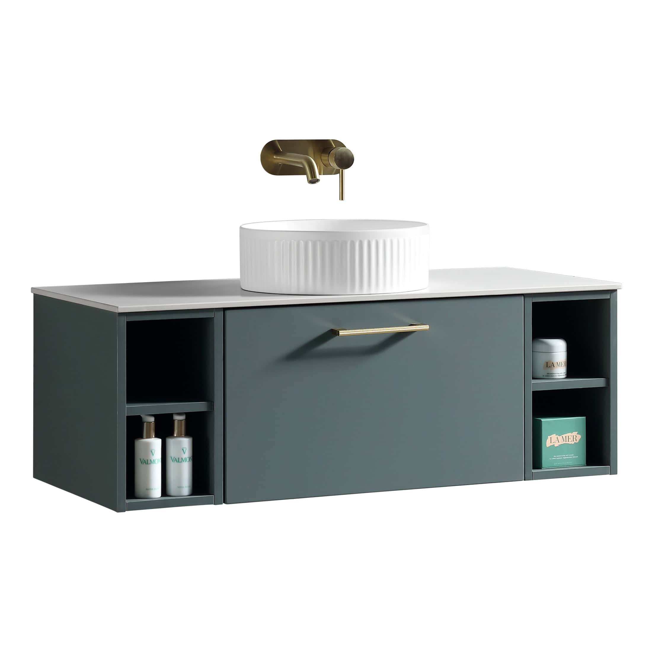 Sleek colour bathroom vanity unit with a modern design, featuring open storage shelves and a stylish white countertop with a round vessel sink, illuminated by a brass wall-mounted faucet.
