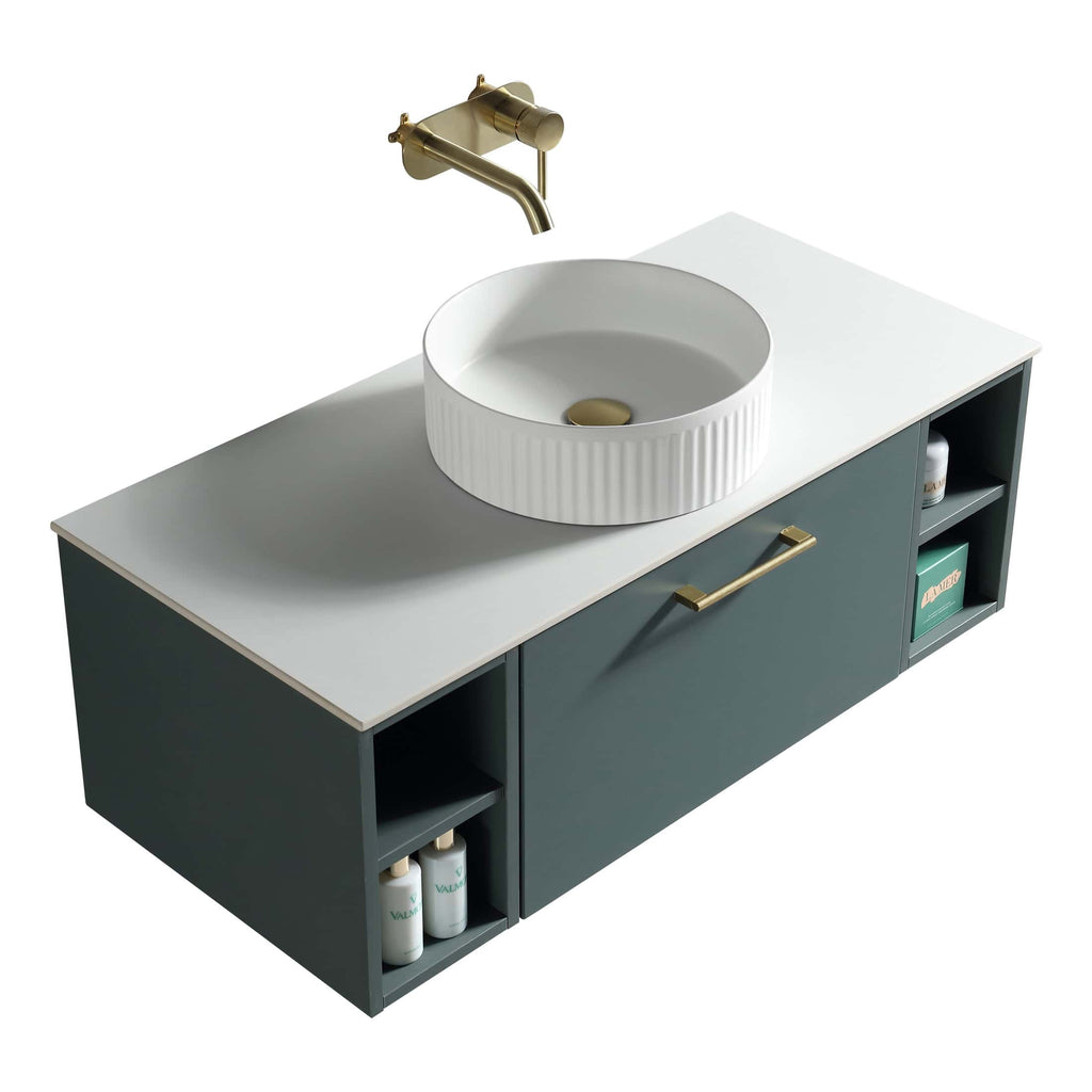 Elegant modern bathroom vanity with a stylish round white vessel sink, brass faucet, and sleek dark cabinetry, perfect for contemporary bathroom design.