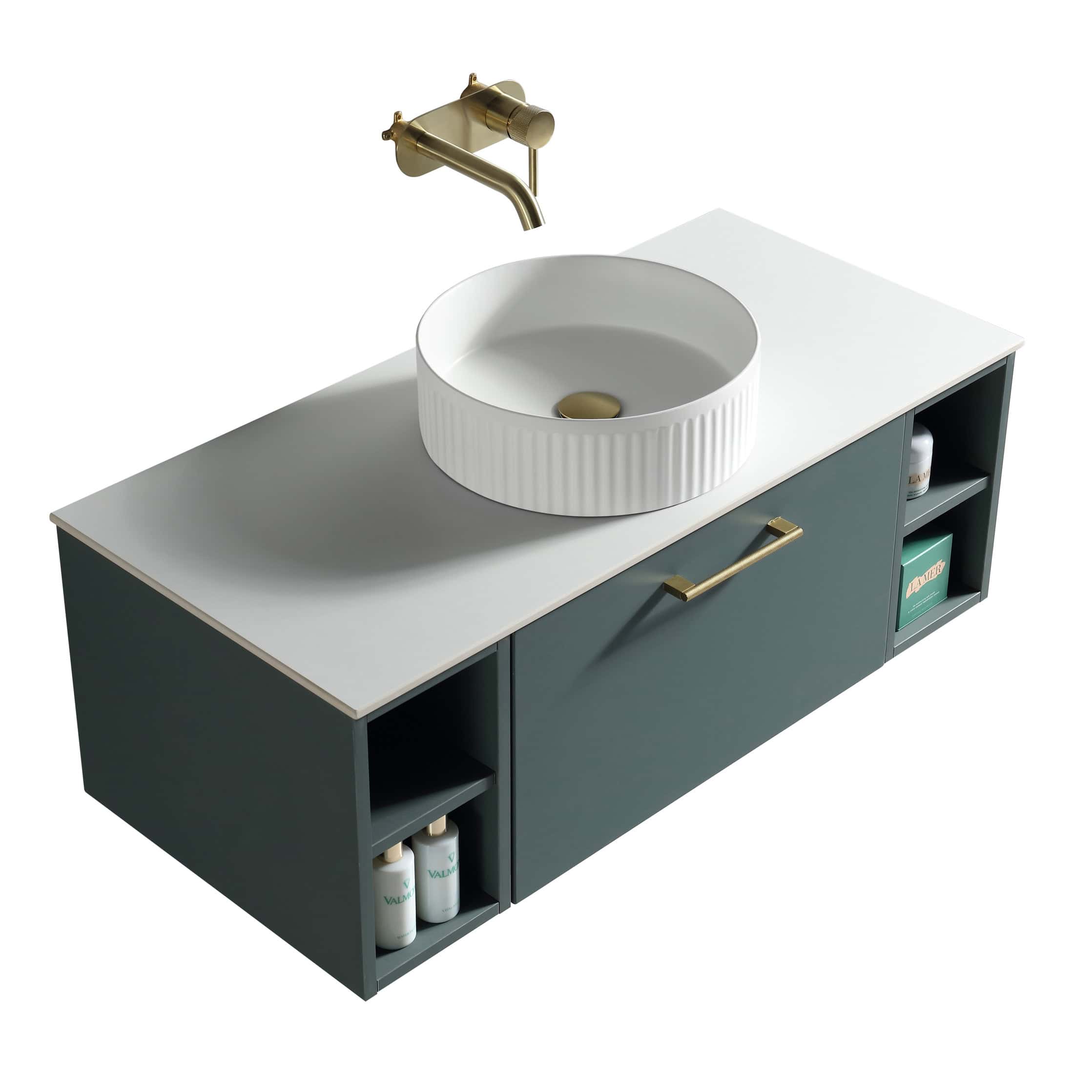 Elegant modern bathroom vanity with a stylish round white vessel sink, brass faucet, and sleek dark cabinetry, perfect for contemporary bathroom design.