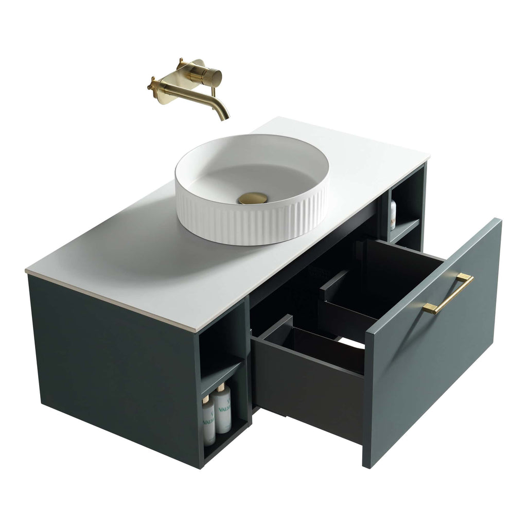 Sleek bathroom vanity with a modern grey finish, featuring a round white ceramic sink, open storage compartments, and gold hardware for a contemporary look. Perfect for stylish bathroom upgrades.