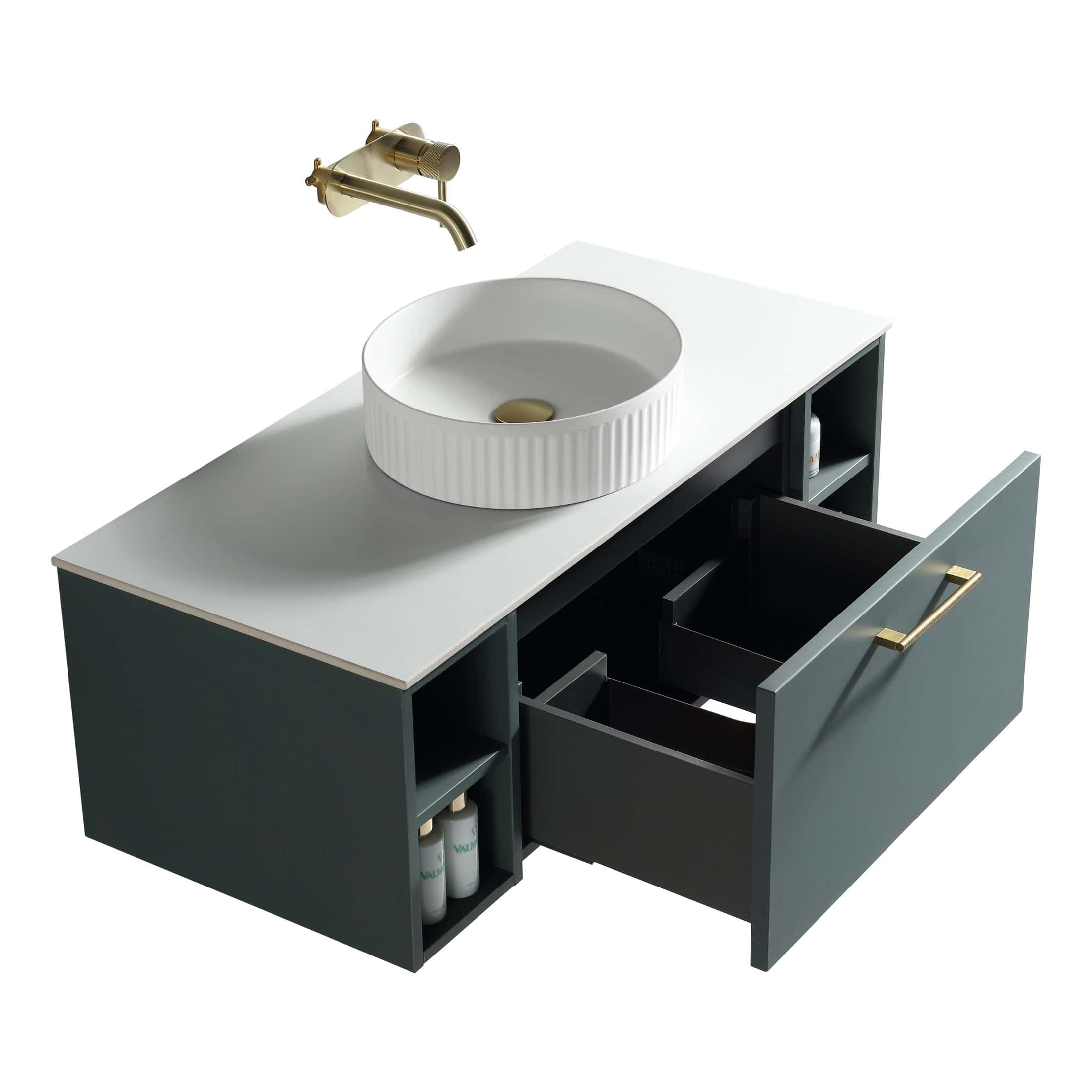 Sleek bathroom vanity with a modern grey finish, featuring a round white ceramic sink, open storage compartments, and gold hardware for a contemporary look. Perfect for stylish bathroom upgrades.
