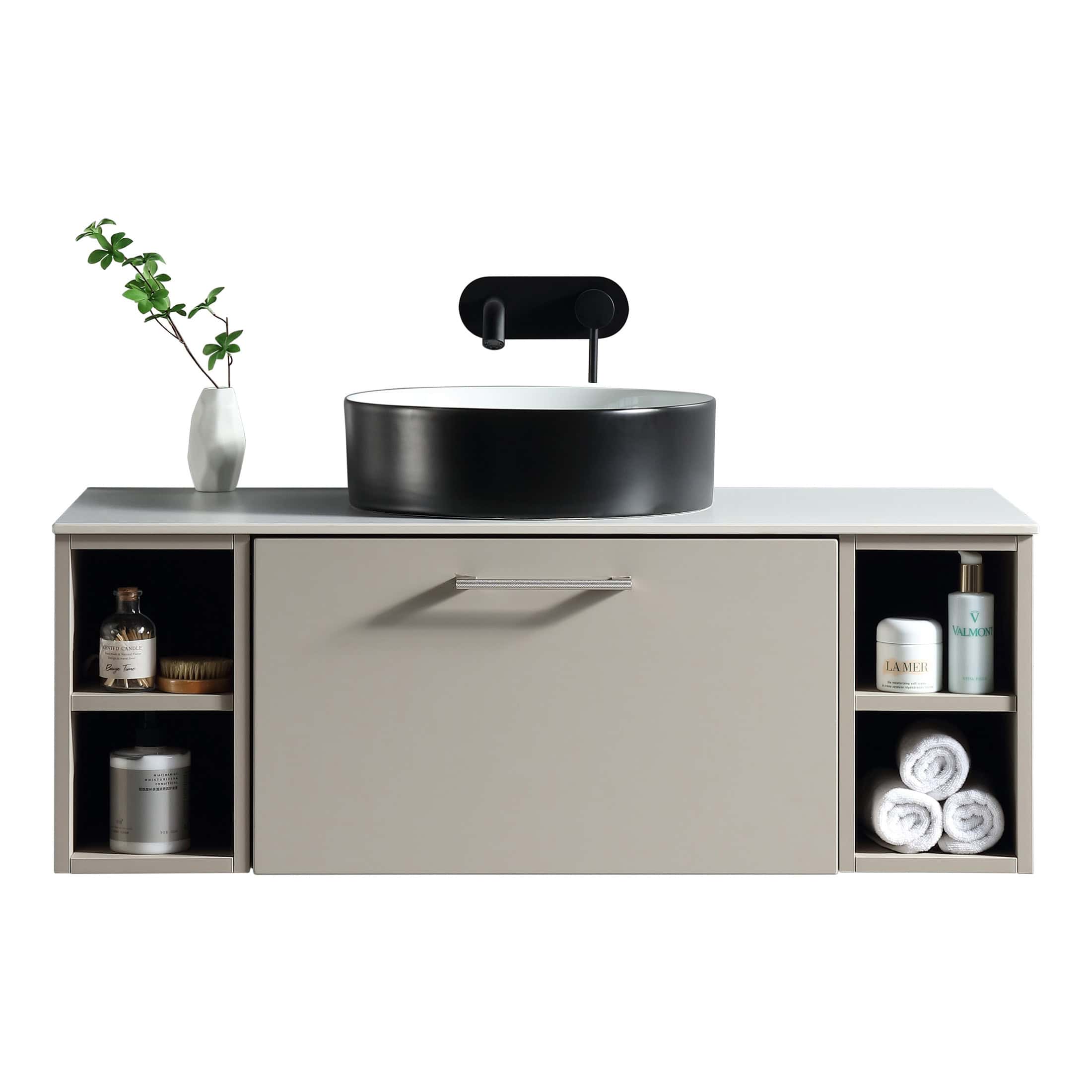 Sleek modern bathroom vanity with a round black vessel sink, black wall-mounted tap, and open shelving for storage, featuring minimalist design and neutral tones for contemporary bathroom decor.