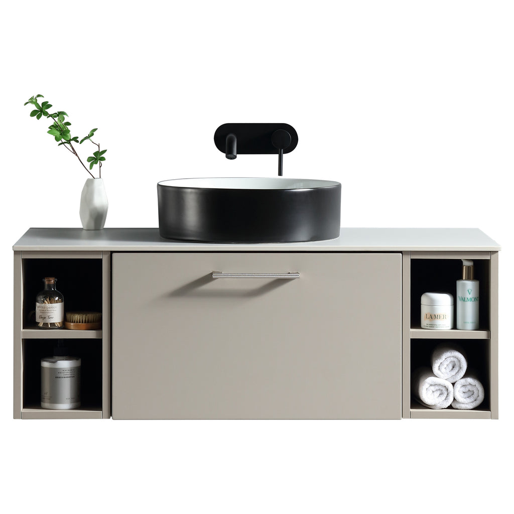 Tailored Piatta 1 Drawer Wall Hung Vanity With 2 Side Storage And Sintered Stone Counter Top - 1010mm Wide - Soft Coffee - view 1