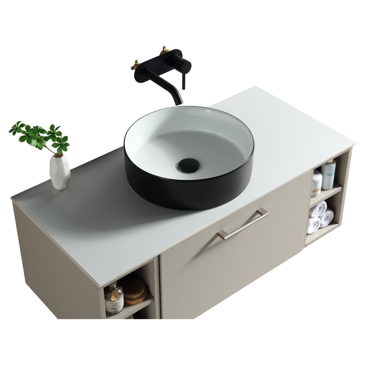 Tailored Piatta 1 Drawer Wall Hung Vanity With 2 Side Storage And Sintered Stone Counter Top - 1010mm Wide - Soft Coffee - view 4
