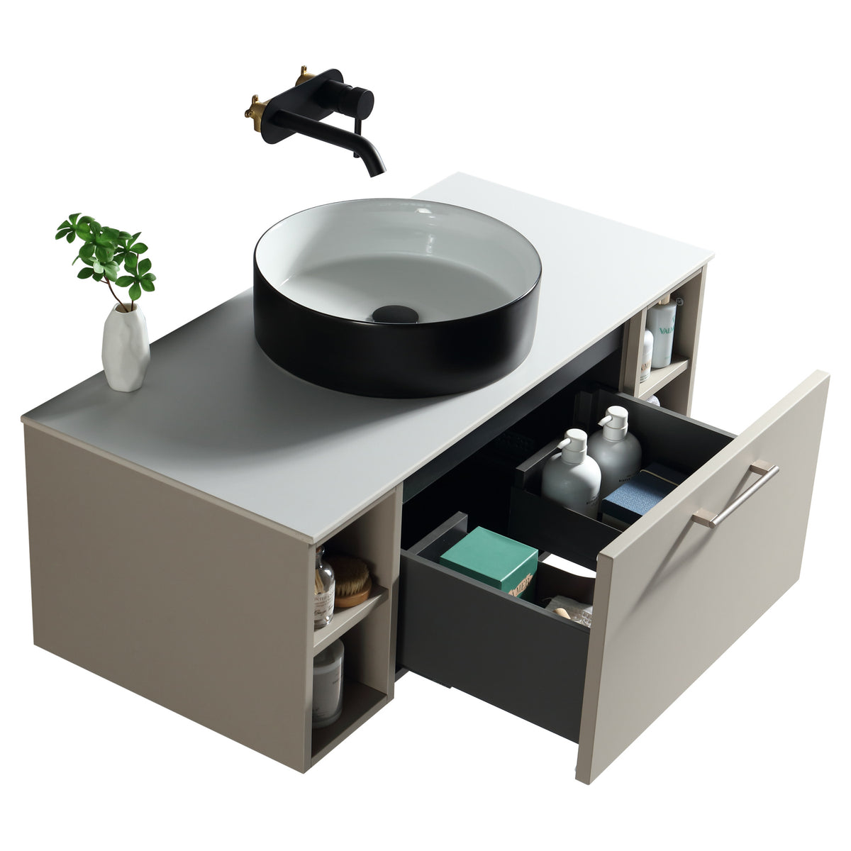 Tailored Piatta 1 Drawer Wall Hung Vanity With 2 Side Storage And Sintered Stone Counter Top - 1010mm Wide - Soft Coffee - view 6