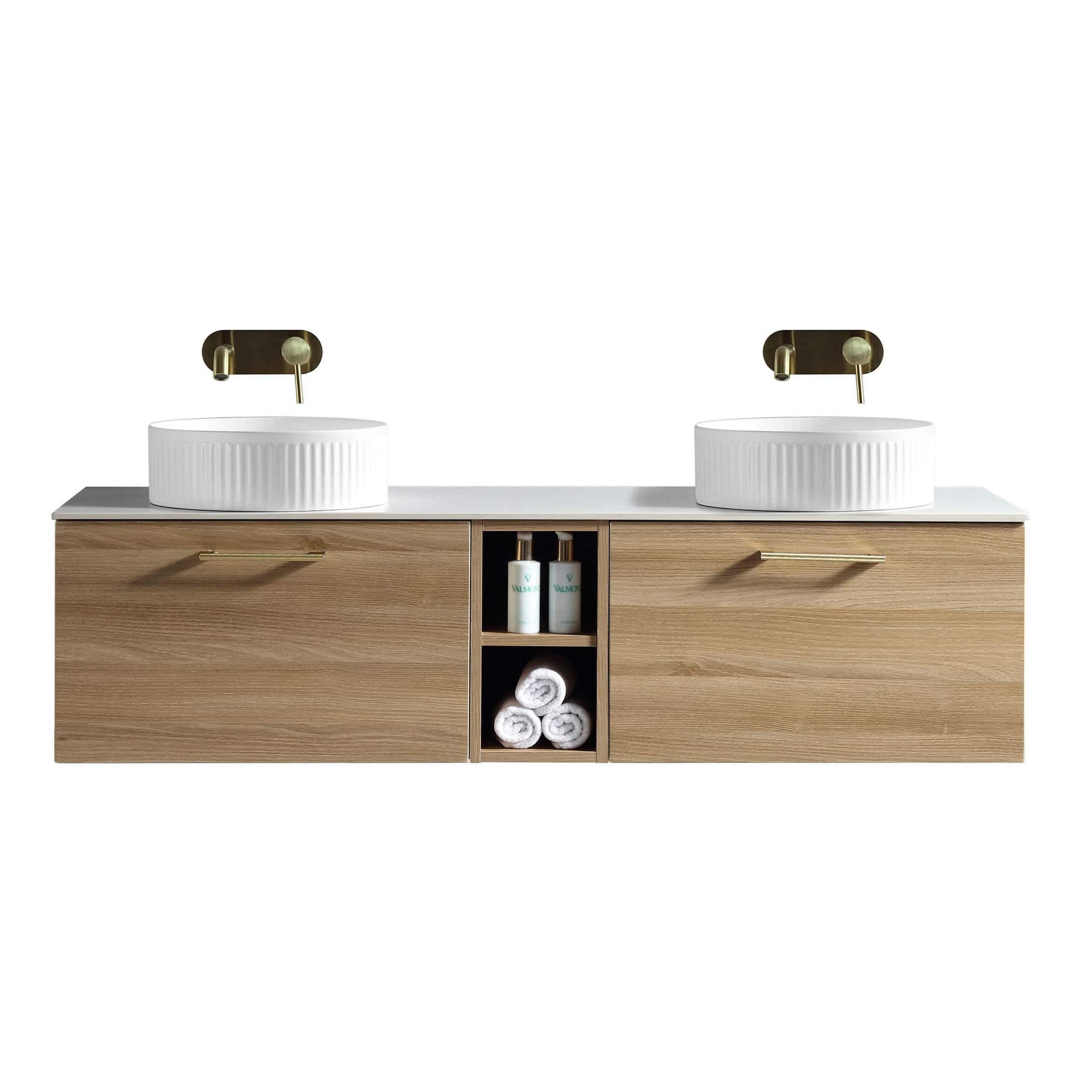 Contemporary double bathroom vanity with two white vessel sinks, stylish brass fixtures, and a natural wood finish cabinet with open shelf storage for towels and toiletries.