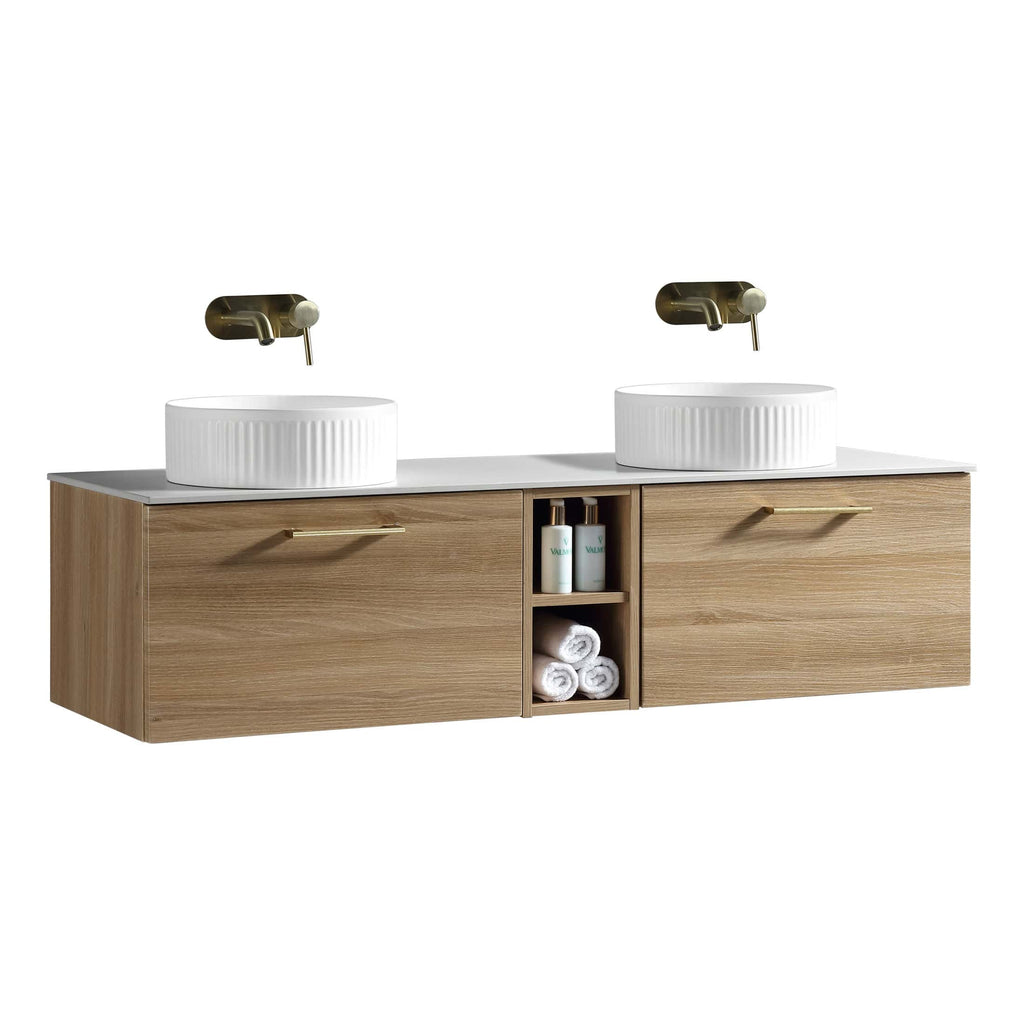 Sleek modern double vanity unit with white vessel sinks and brass wall-mounted taps, featuring ample storage with drawers and open shelves for towels and toiletries, perfect for contemporary bathrooms.