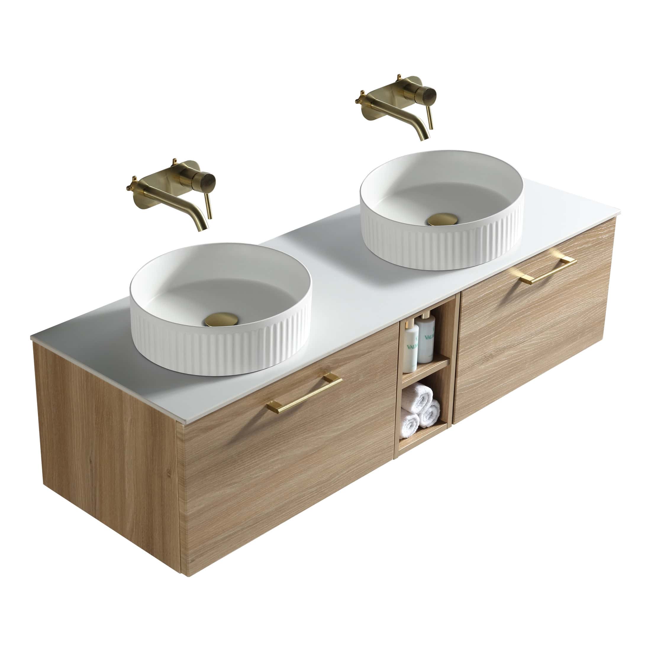 Sleek double vanity unit with two modern white vessel sinks and brass tap fittings, perfect for contemporary bathrooms by Bubly Bathrooms.