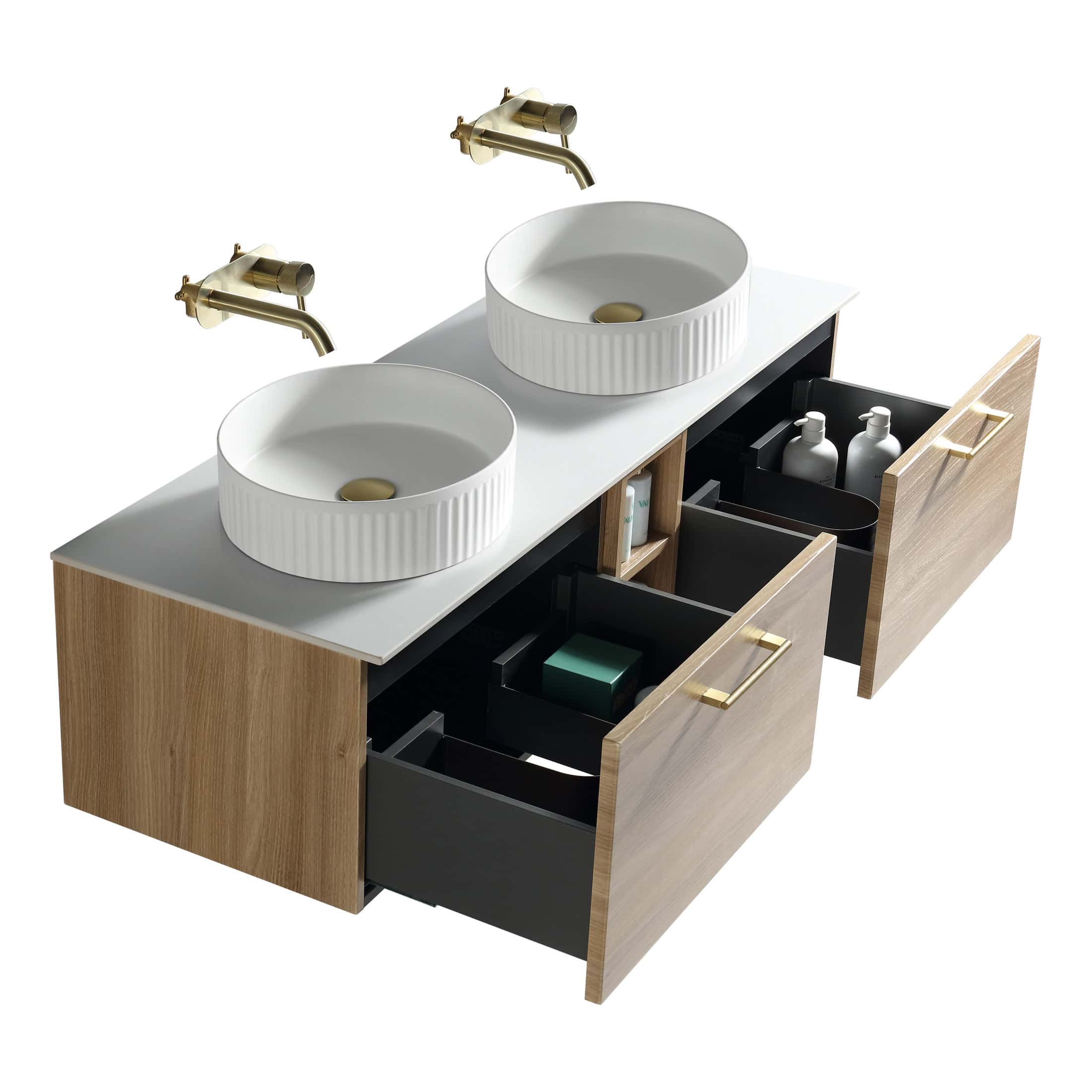 Sleek double bathroom vanity with round vessel sinks, gold fixtures, and spacious storage drawers, perfect for modern bubly bathrooms.