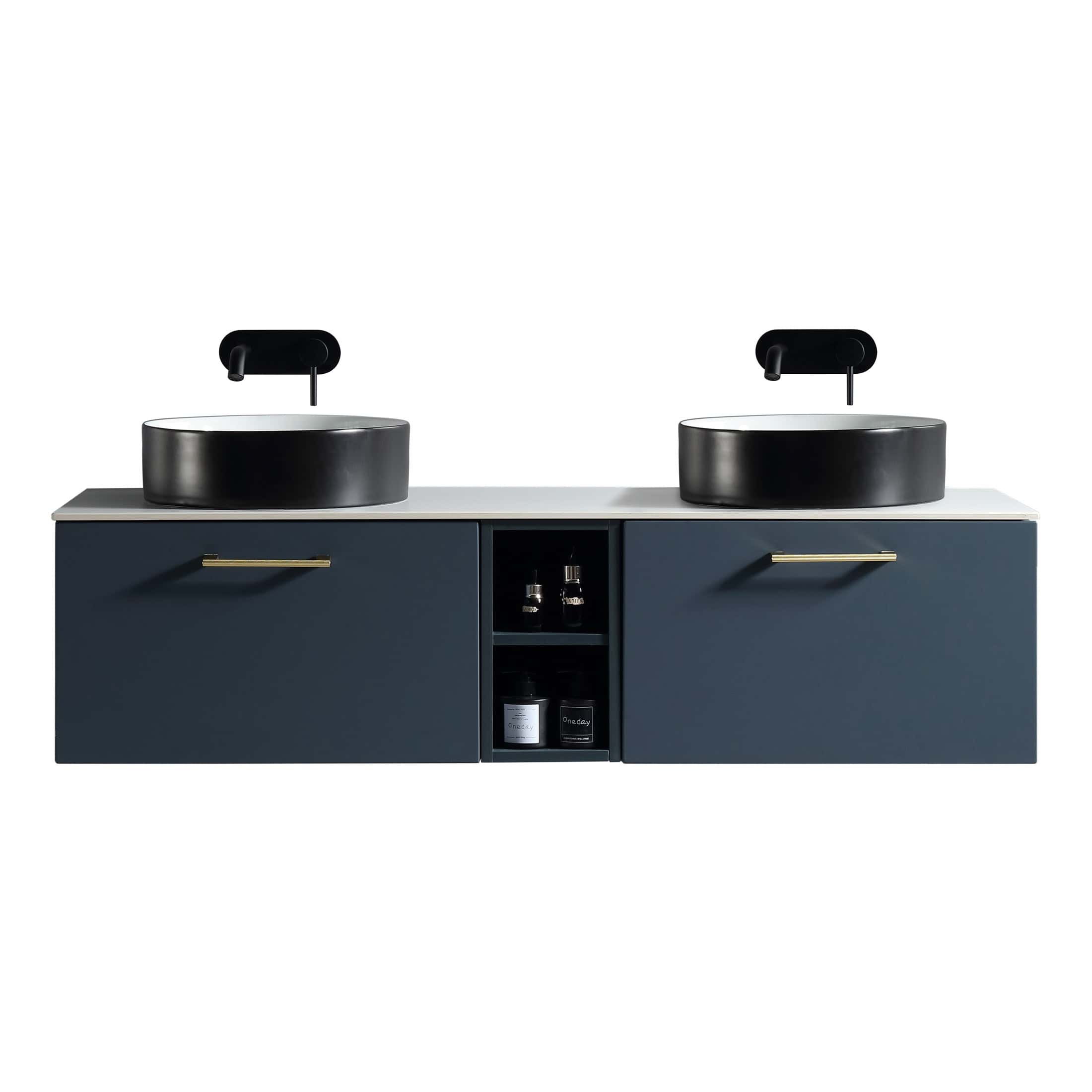 Sleek double-vanity bathroom unit with matte black vessel sinks, modern black faucets, dark blue cabinets with gold handles, and open shelving for toiletries, perfect for contemporary bathroom designs.