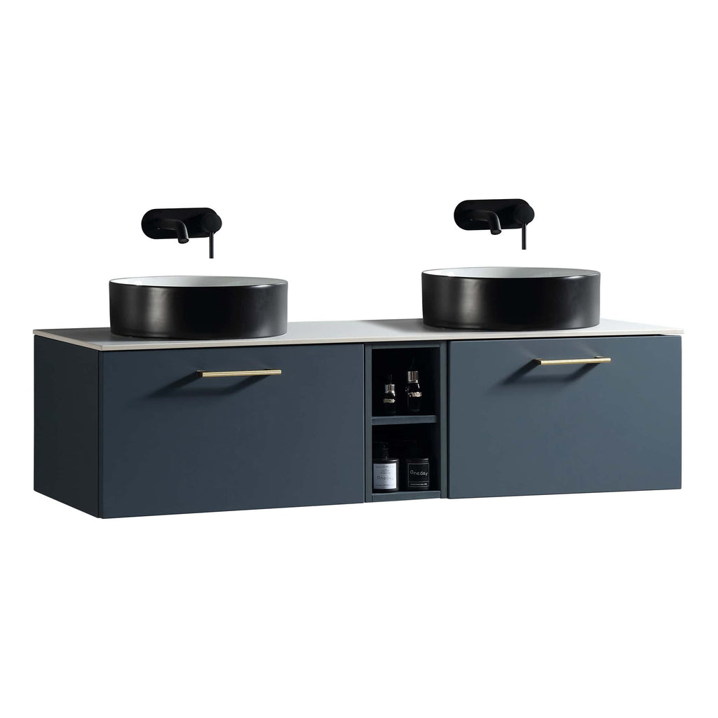 Modern double vanity unit with two black vessel sinks, wall-mounted black taps, sleek navy blue cabinets with gold handles, and open shelves for bathroom storage. Ideal for contemporary bathroom design.