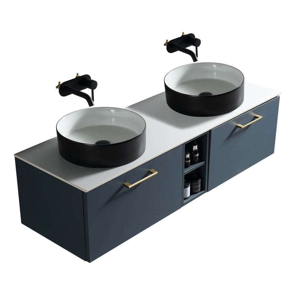 Modern double bathroom vanity unit with round black and white sinks, black taps, and gold handles, perfect for contemporary bathroom décor.