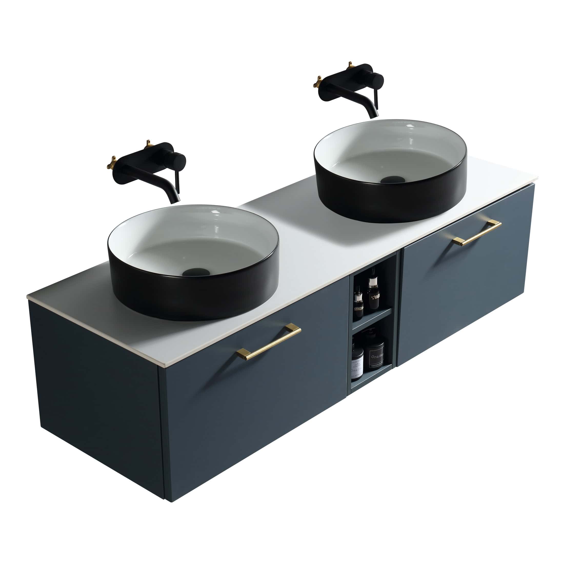 Modern double bathroom vanity unit with round black and white sinks, black taps, and gold handles, perfect for contemporary bathroom décor.