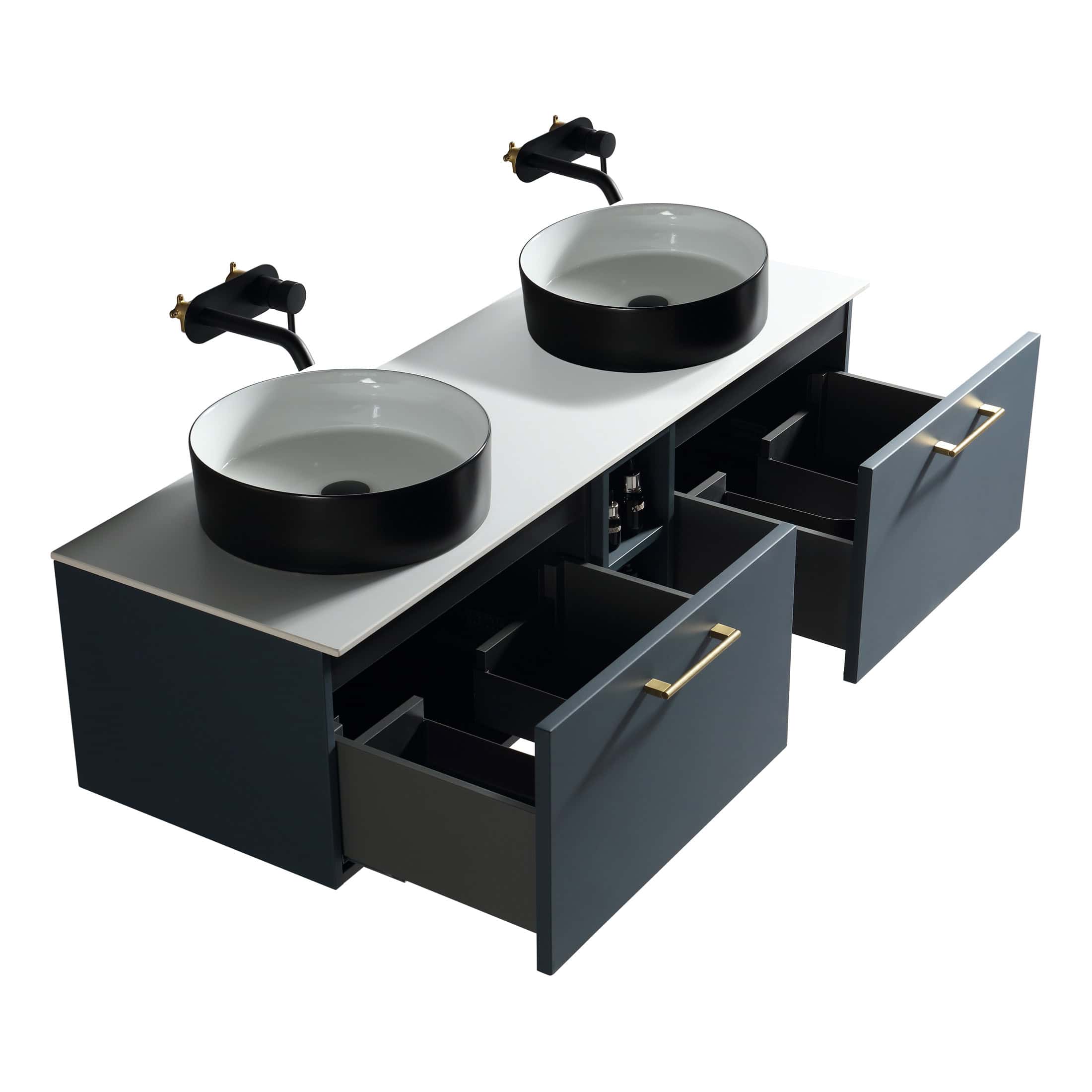 Contemporary double bathroom vanity with two black vessel sinks, stylish brass hardware, and sleek open storage drawers, perfect for modern bathroom designs.