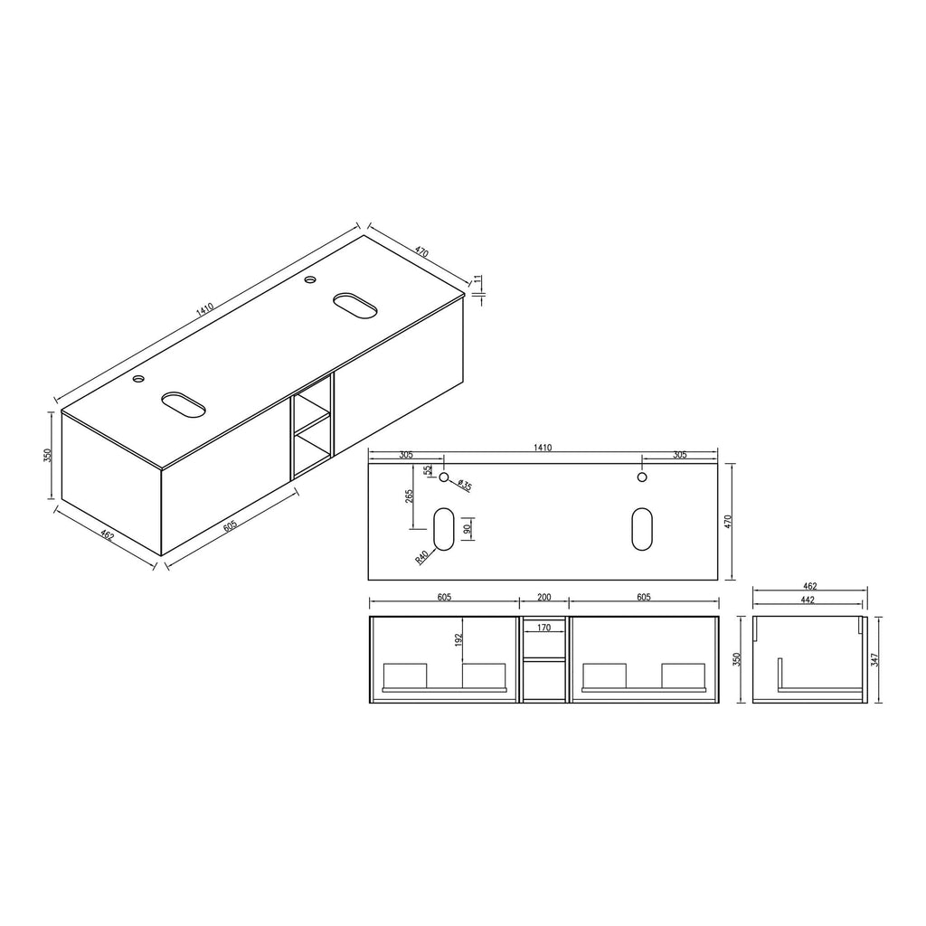 Modern bathroom vanity unit with integrated storage and countertop sinks, featuring detailed technical drawings and measurements, ideal for contemporary bathroom design and renovation.