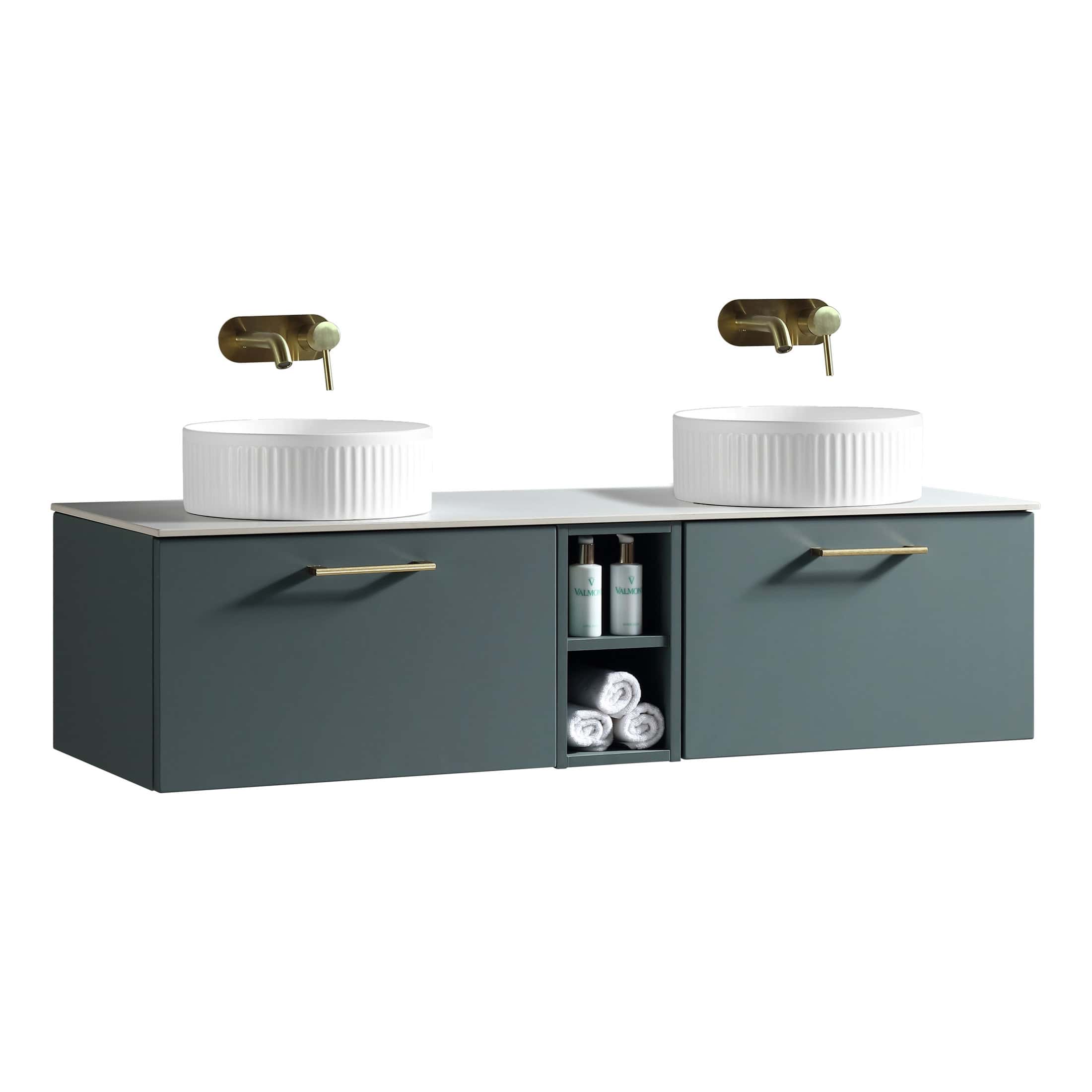 Elegant double bathroom vanity unit with modern design, featuring two white vessel sinks, brass taps, and ample storage drawers, perfect for contemporary bathrooms.