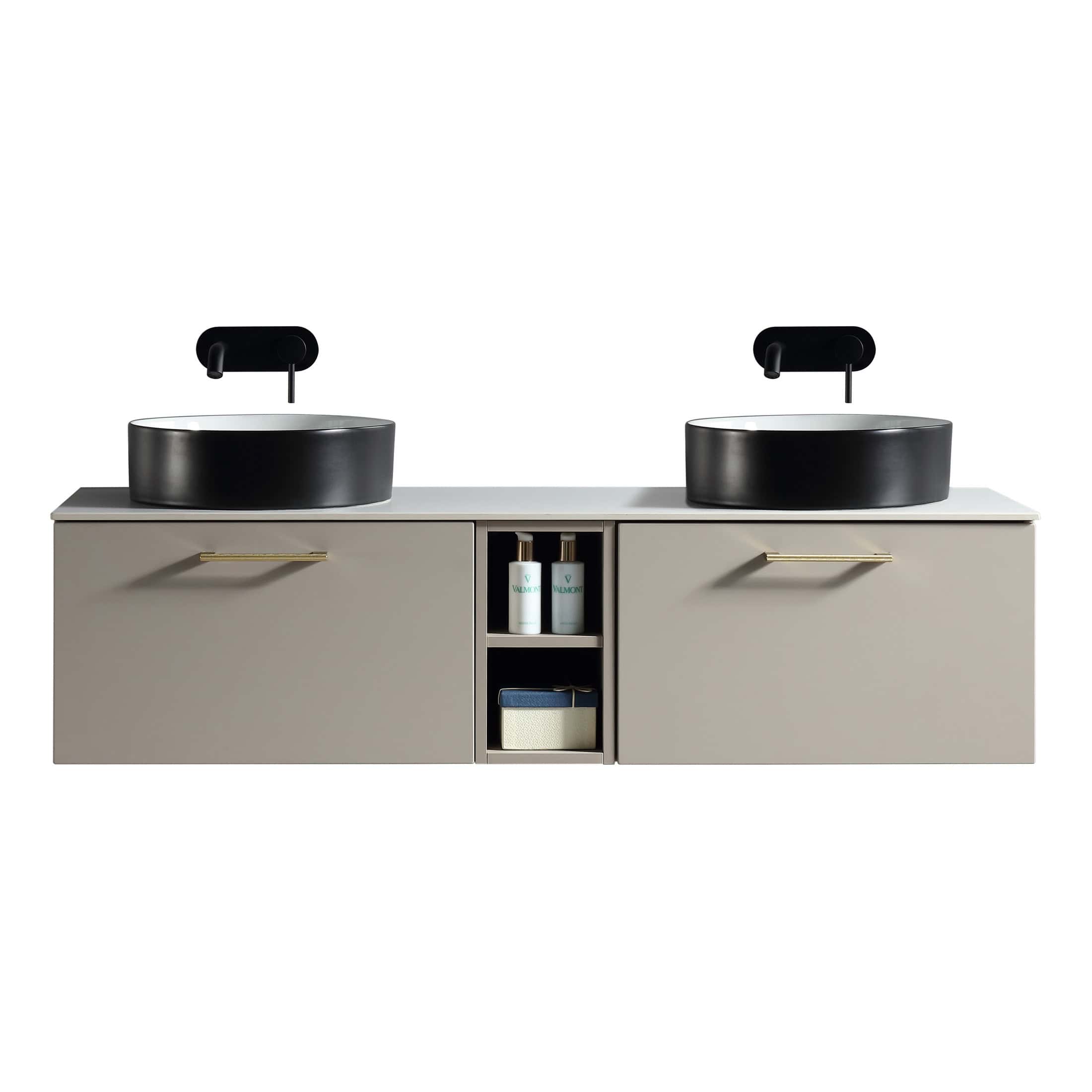 Sleek modern double bathroom vanity with two contemporary black vessel sinks, mounted black faucets, and ample storage in a neutral grey finish, perfect for stylish bathroom upgrades.